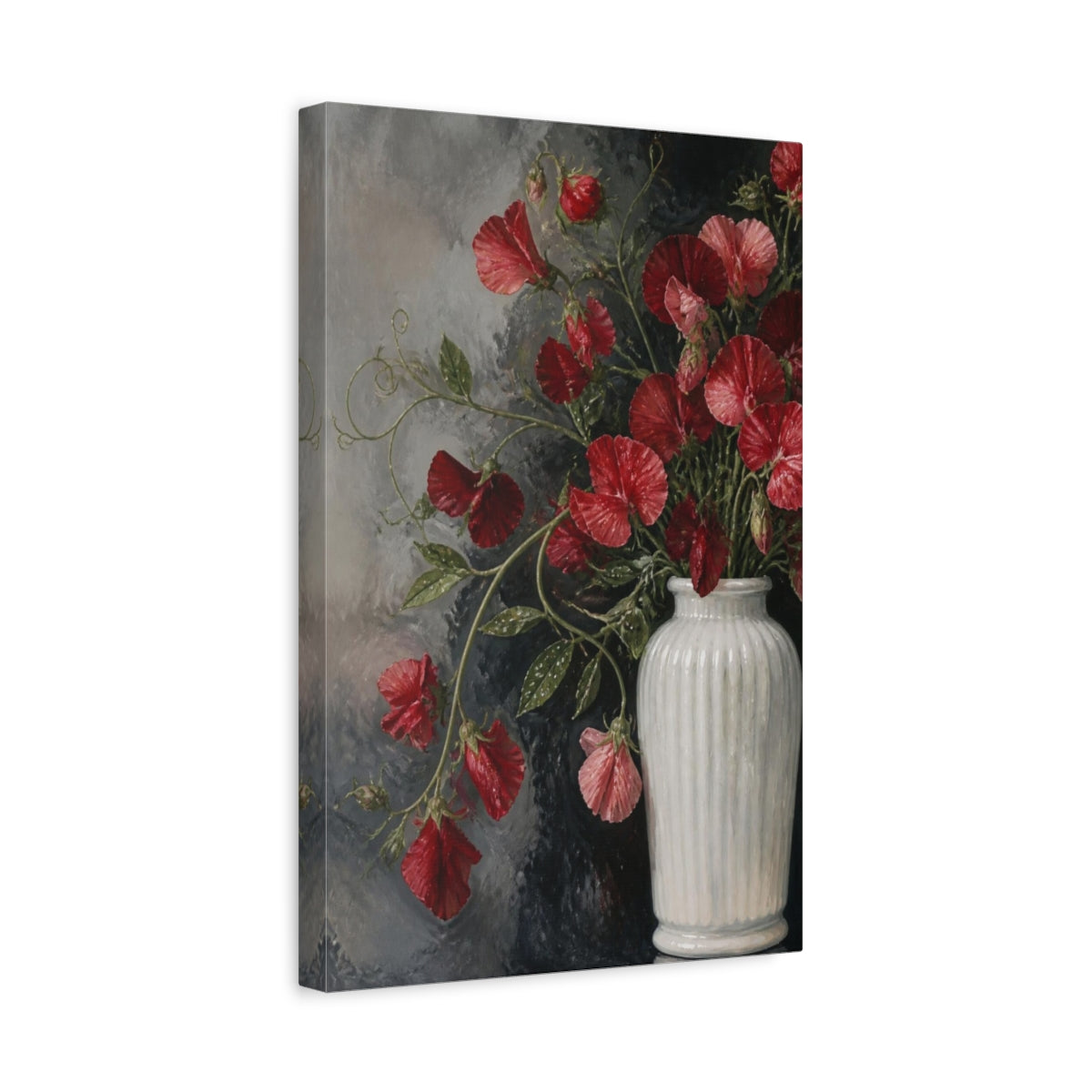 Side Mockup 4. Scarlet Sweet Pea Flowers shown as canvas print