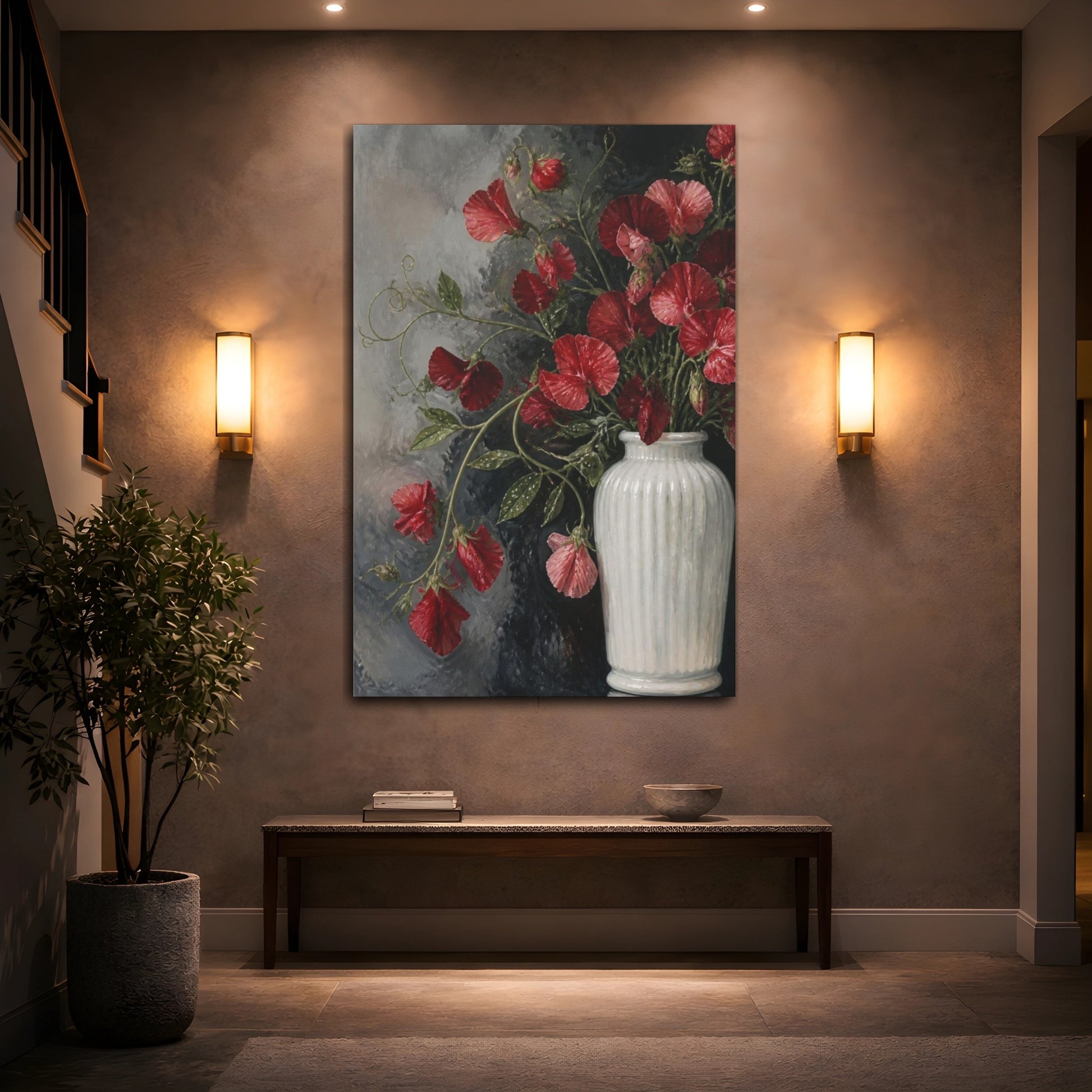 Mockup 2. Scarlet Sweet Pea Flowers shown as canvas print