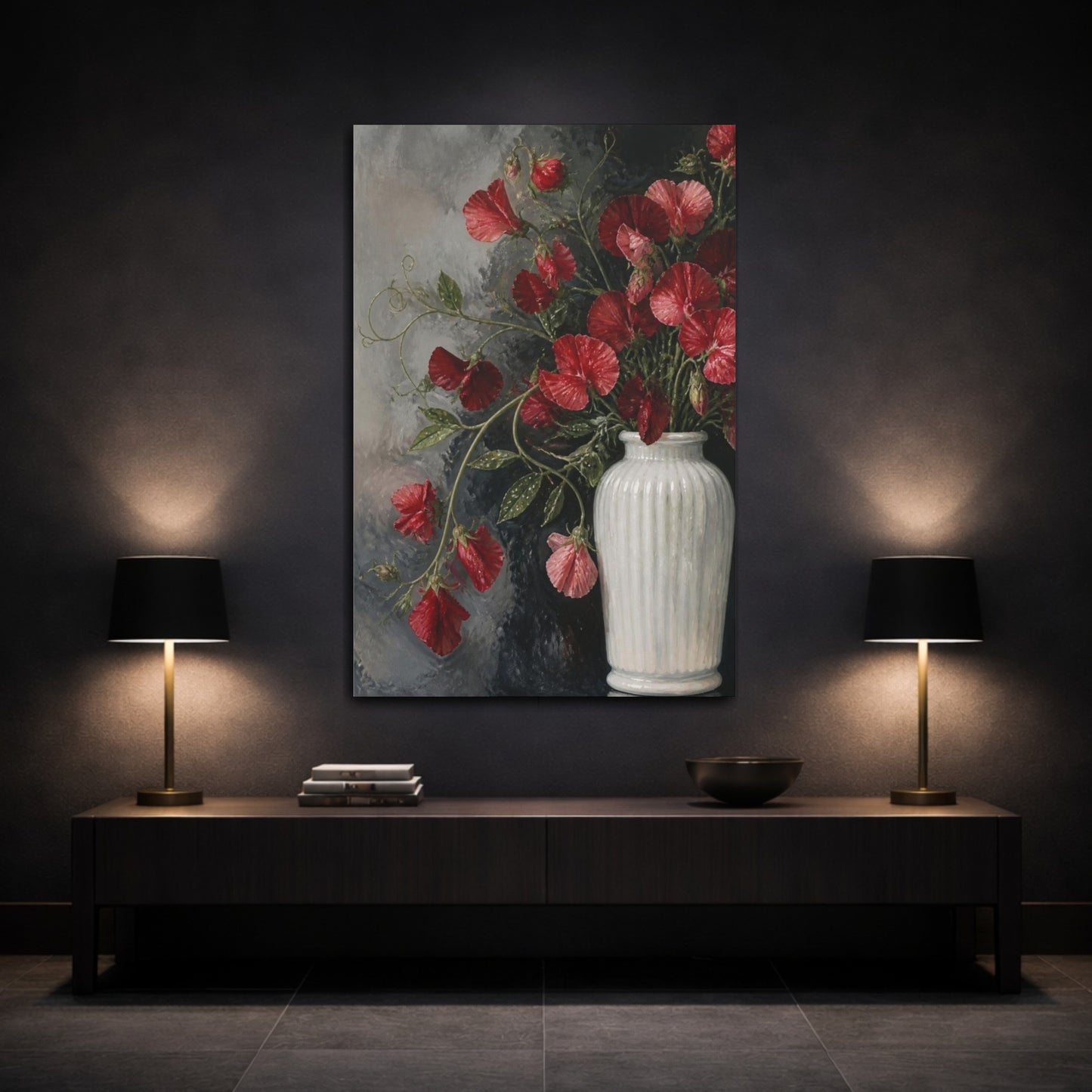 Mockup 3. Scarlet Sweet Pea Flowers shown as canvas print