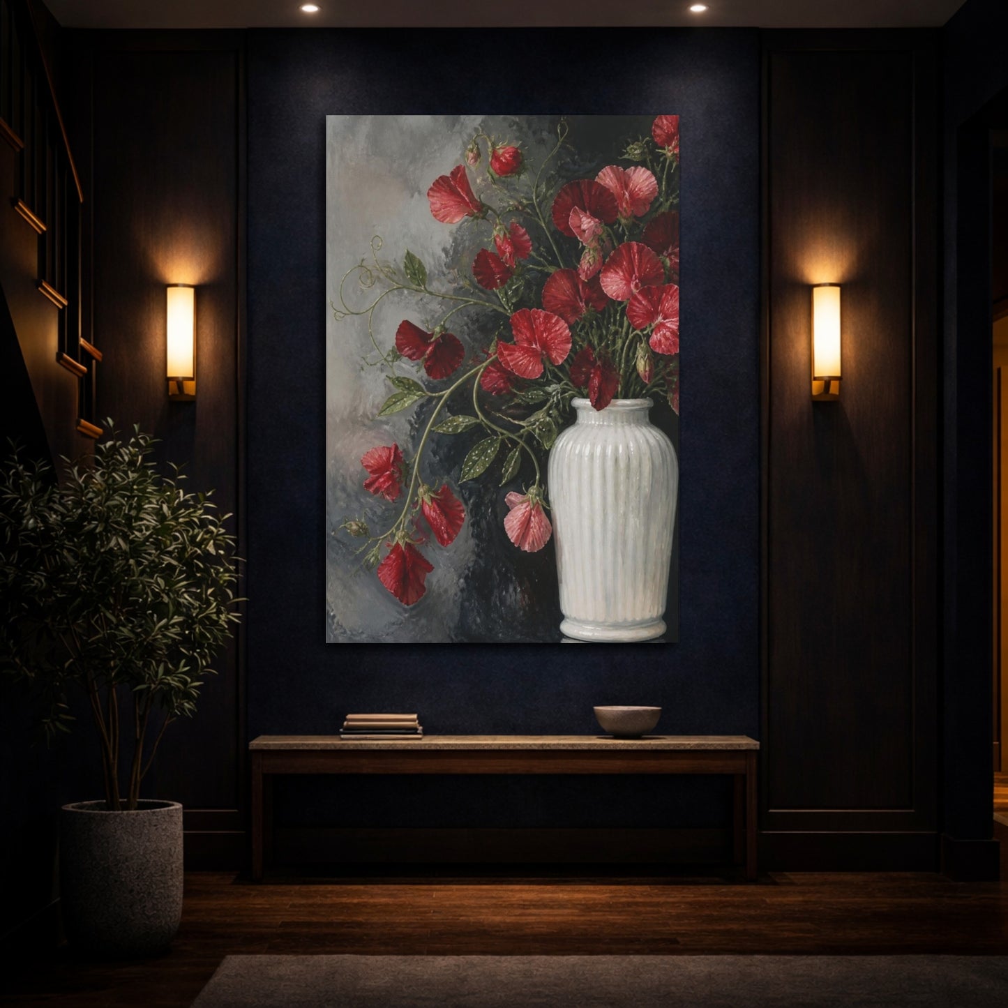 Mockup 4. Scarlet Sweet Pea Flowers shown as canvas print