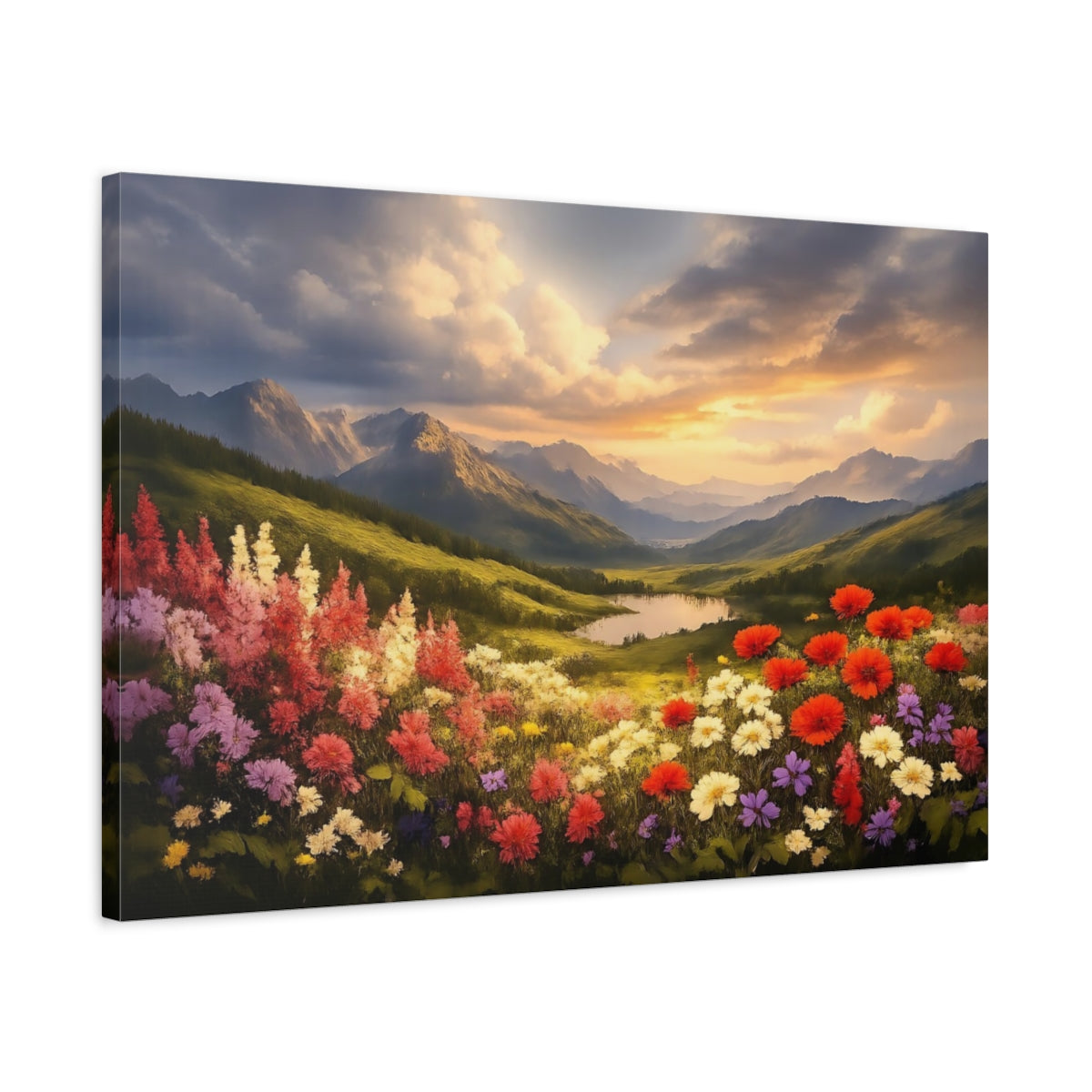Side Mockup 2. Nature Wildflower Valley Colorful Mountain Landscape shown as stretched canvas wall art