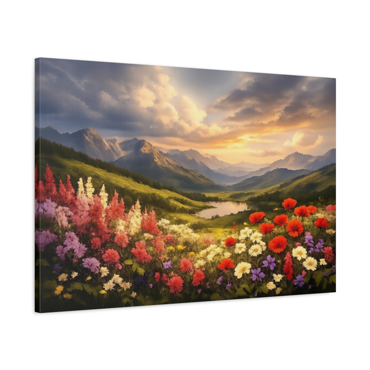 Side Mockup 1. Nature Wildflower Valley Colorful Mountain Landscape shown as stretched canvas wall art
