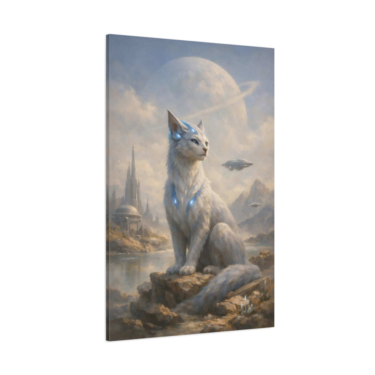 Main Mockup. Science Fiction Alien Cat White Alien Cat shown as stretched canvas wall art