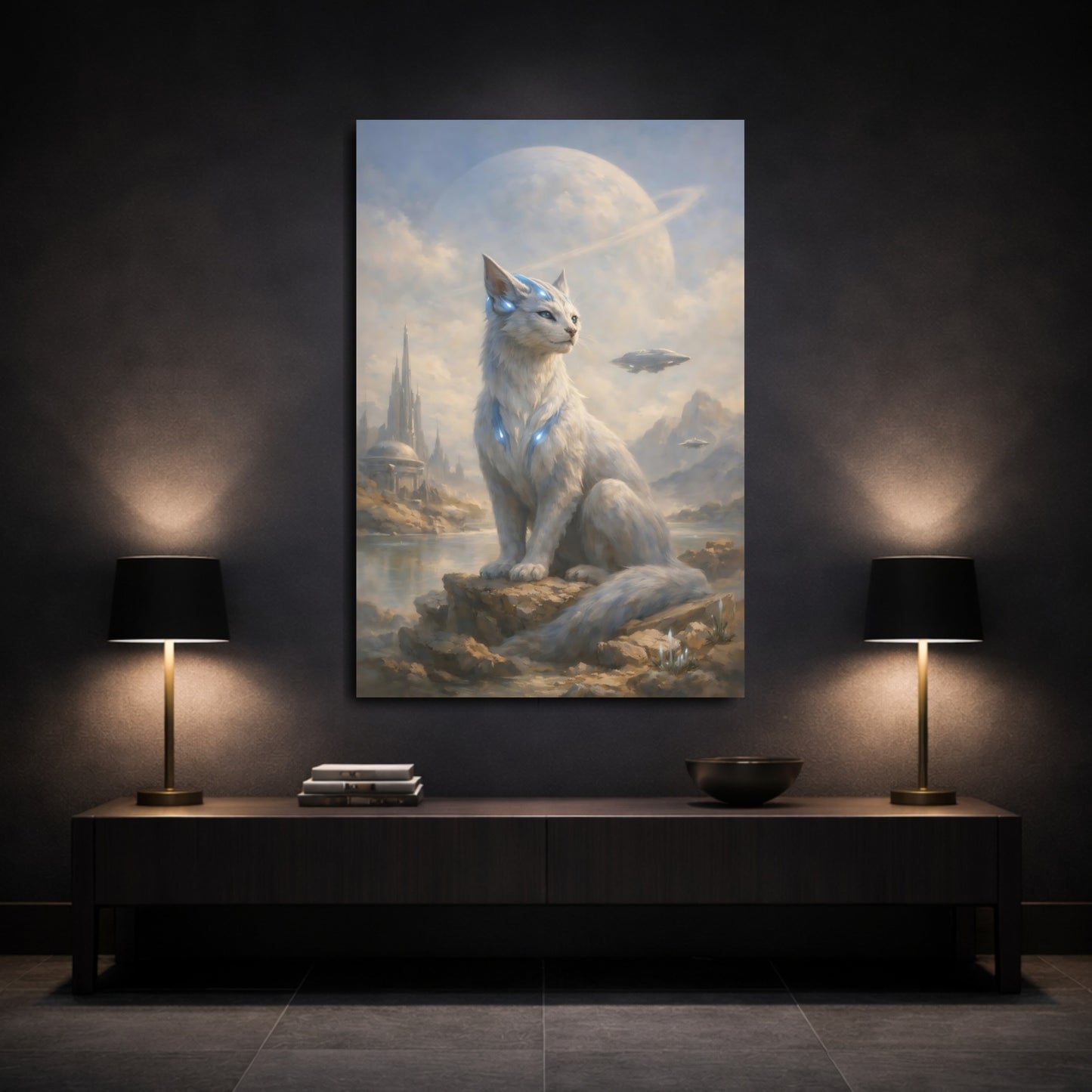 Mockup 2. Science Fiction Alien Cat White Alien Cat shown as stretched canvas wall art