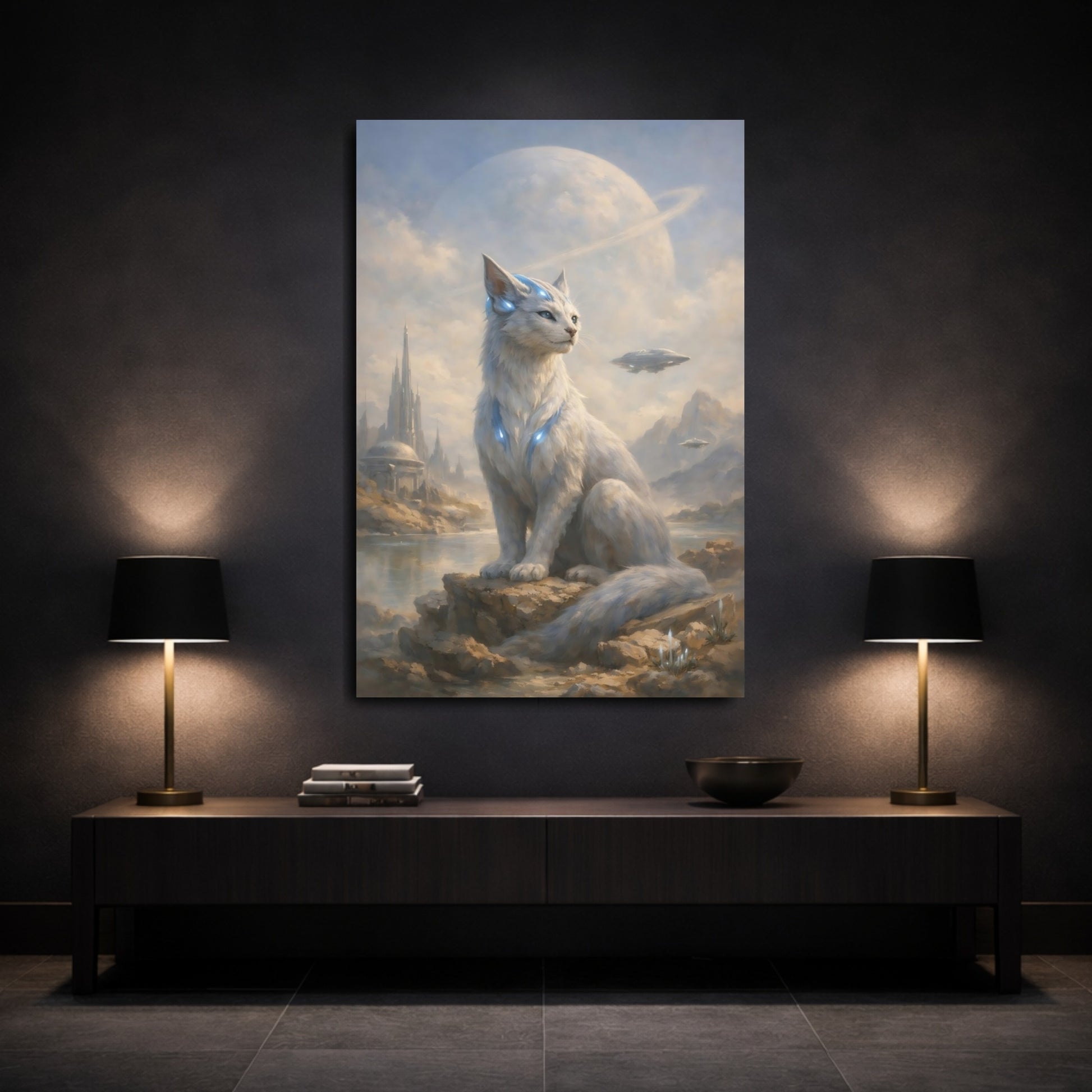 Mockup 2. Science Fiction Alien Cat White Alien Cat shown as stretched canvas wall art
