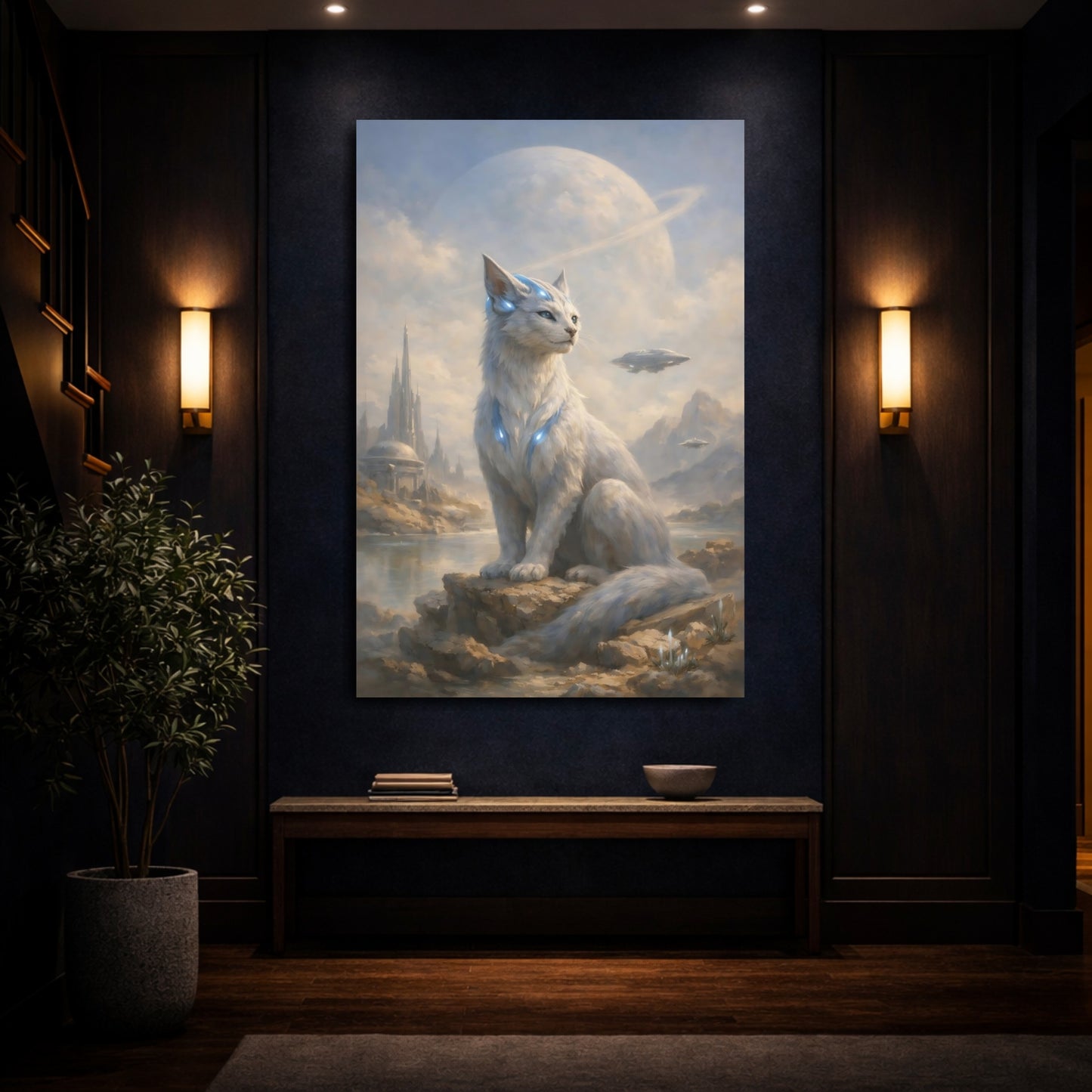 Mockup 3. Science Fiction Alien Cat White Alien Cat shown as stretched canvas wall art
