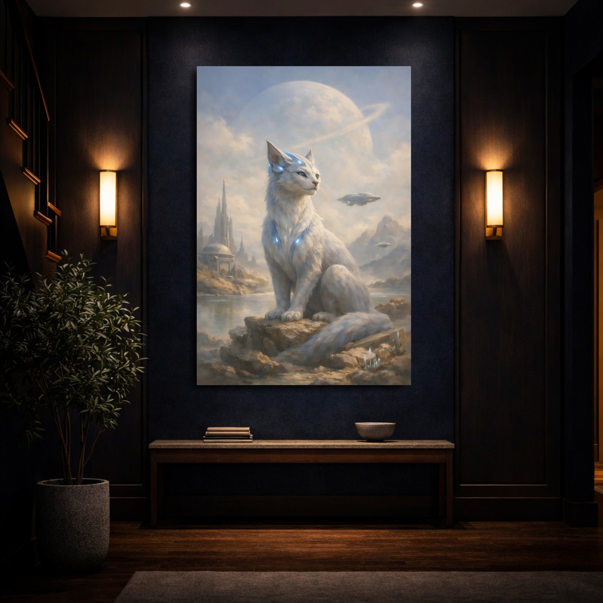 Mockup 3. Science Fiction Alien Cat White Alien Cat shown as stretched canvas wall art