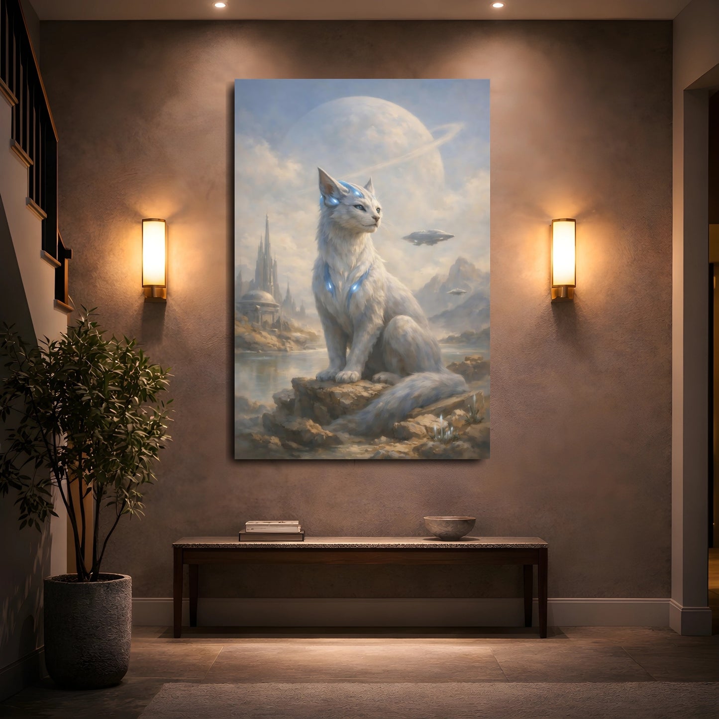Mockup 4. Science Fiction Alien Cat White Alien Cat shown as stretched canvas wall art