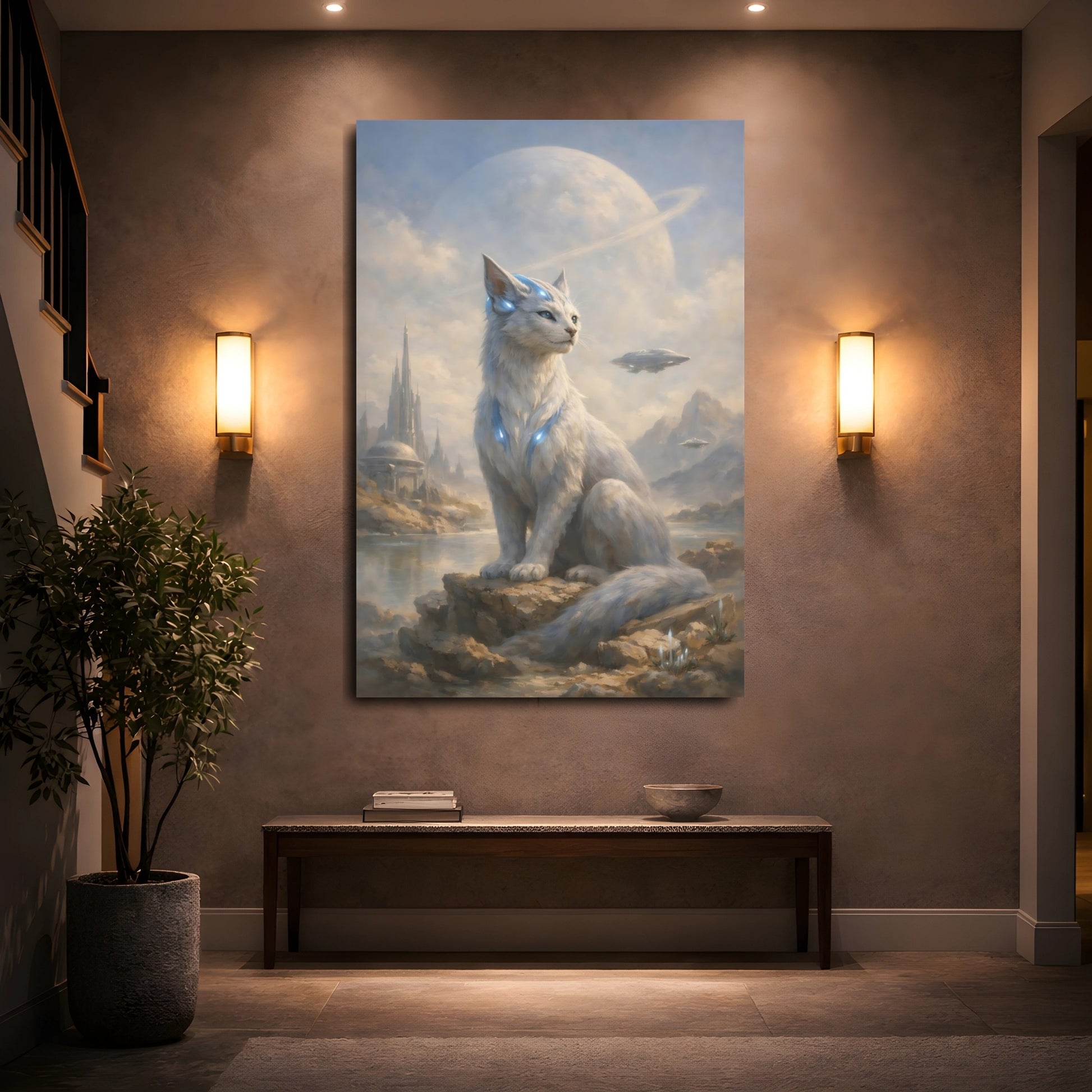 Mockup 4. Science Fiction Alien Cat White Alien Cat shown as stretched canvas wall art