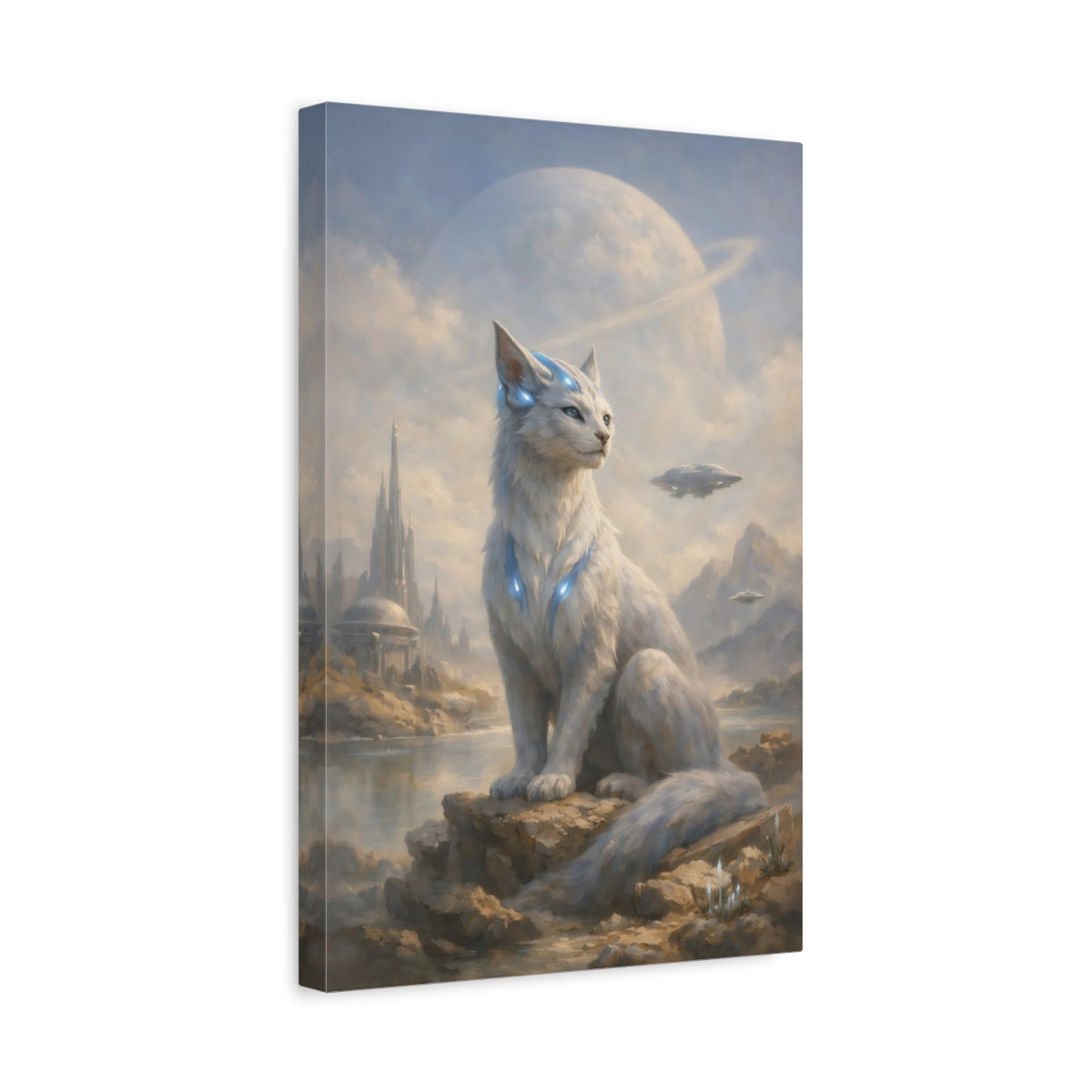 Side Mockup 4. Science Fiction Alien Cat White Alien Cat shown as stretched canvas wall art