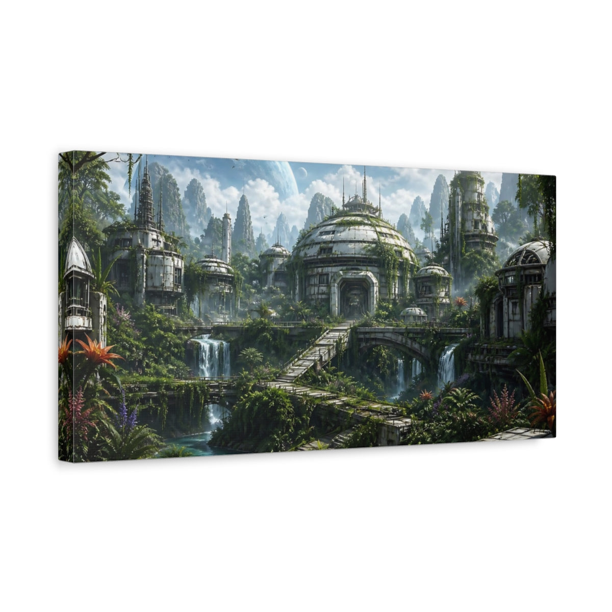 Side Mockup 3. Science Fiction Alien Colony Sci-Fi Landscape shown as stretched canvas wall art