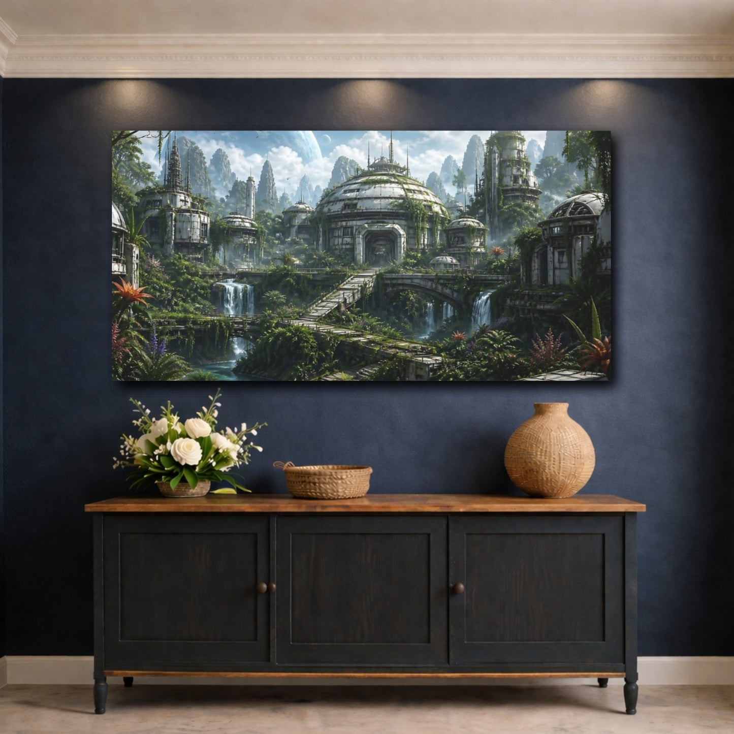 Mockup 4. Science Fiction Alien Colony Sci-Fi Landscape shown as stretched canvas wall art