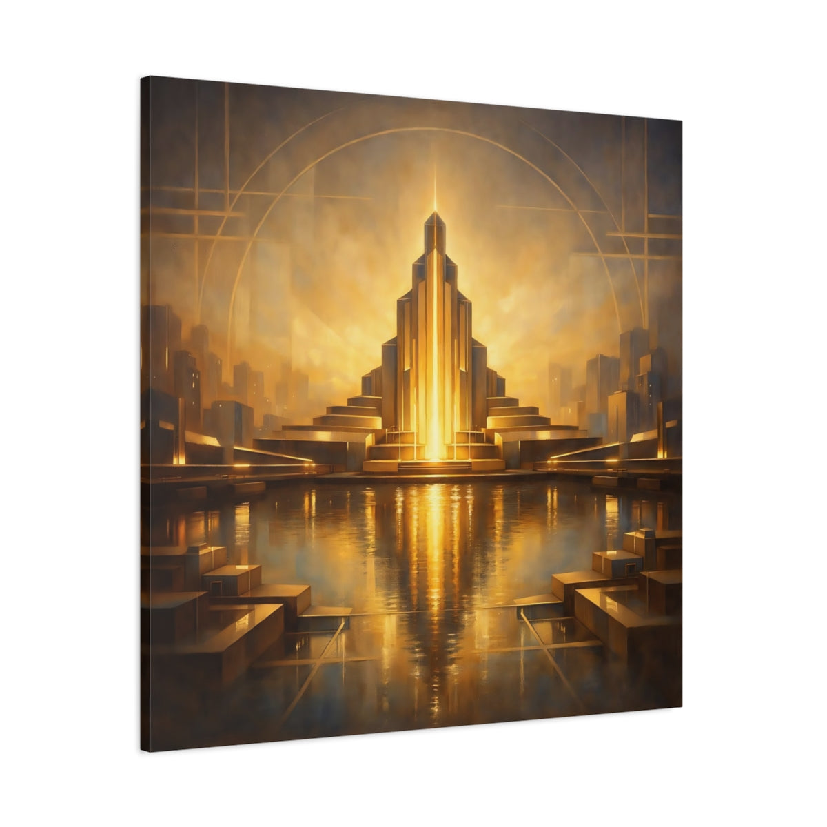 Main Mockup. Science Fiction Art Deco Architecture Golden Cityscape shown as stretched canvas wall art