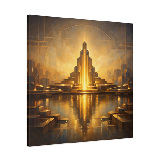 Main Mockup. Science Fiction Art Deco Architecture Golden Cityscape shown as stretched canvas wall art