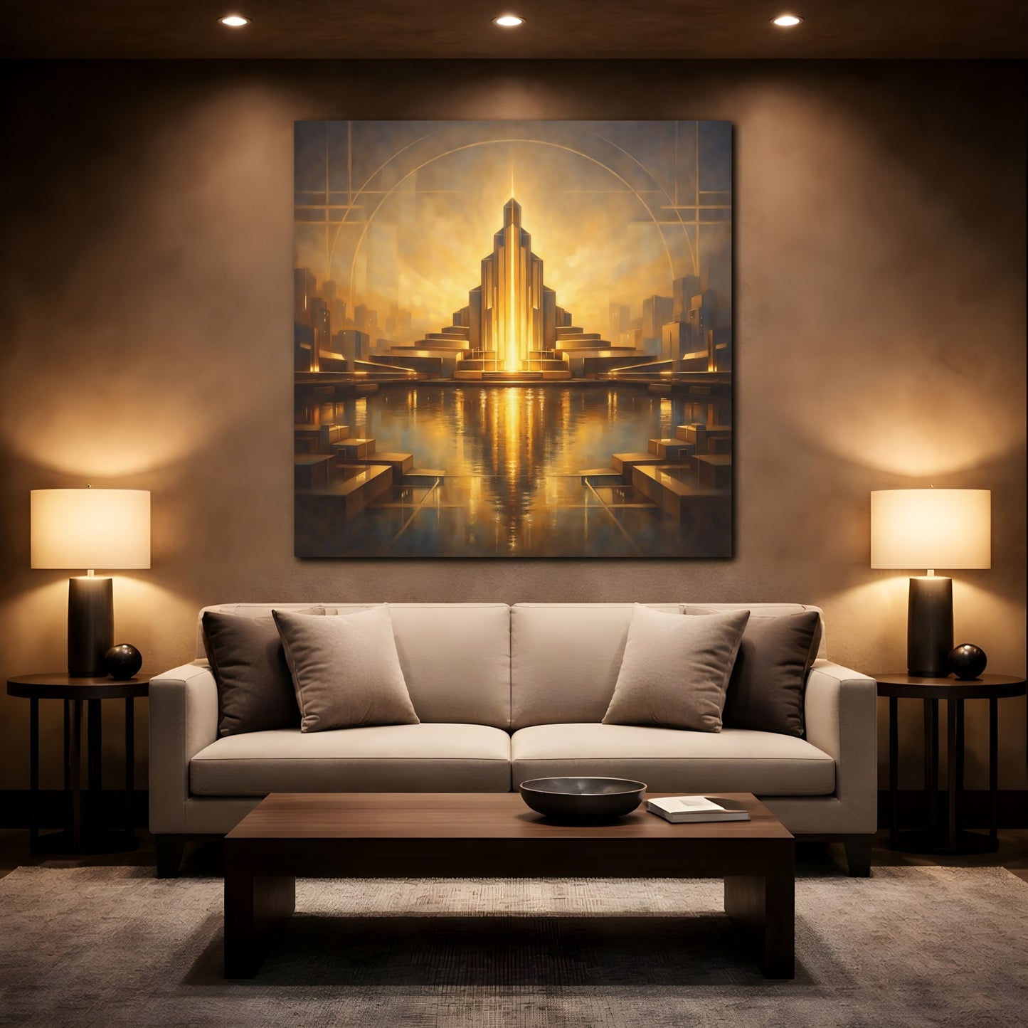 Mockup 2. Science Fiction Art Deco Architecture Golden Cityscape shown as stretched canvas wall art