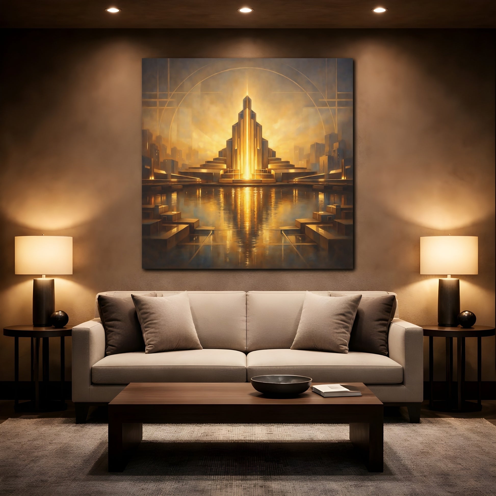 Mockup 2. Science Fiction Art Deco Architecture Golden Cityscape shown as stretched canvas wall art