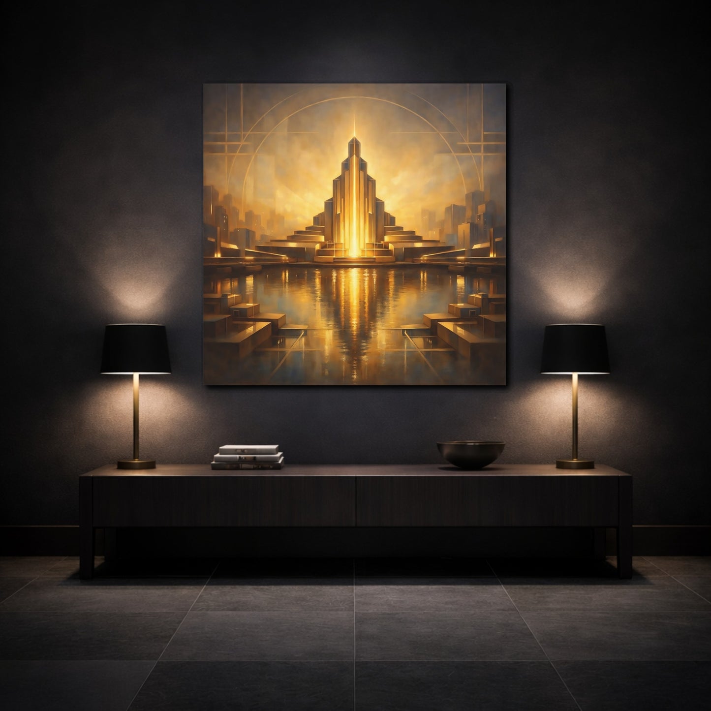 Mockup 3. Science Fiction Art Deco Architecture Golden Cityscape shown as stretched canvas wall art