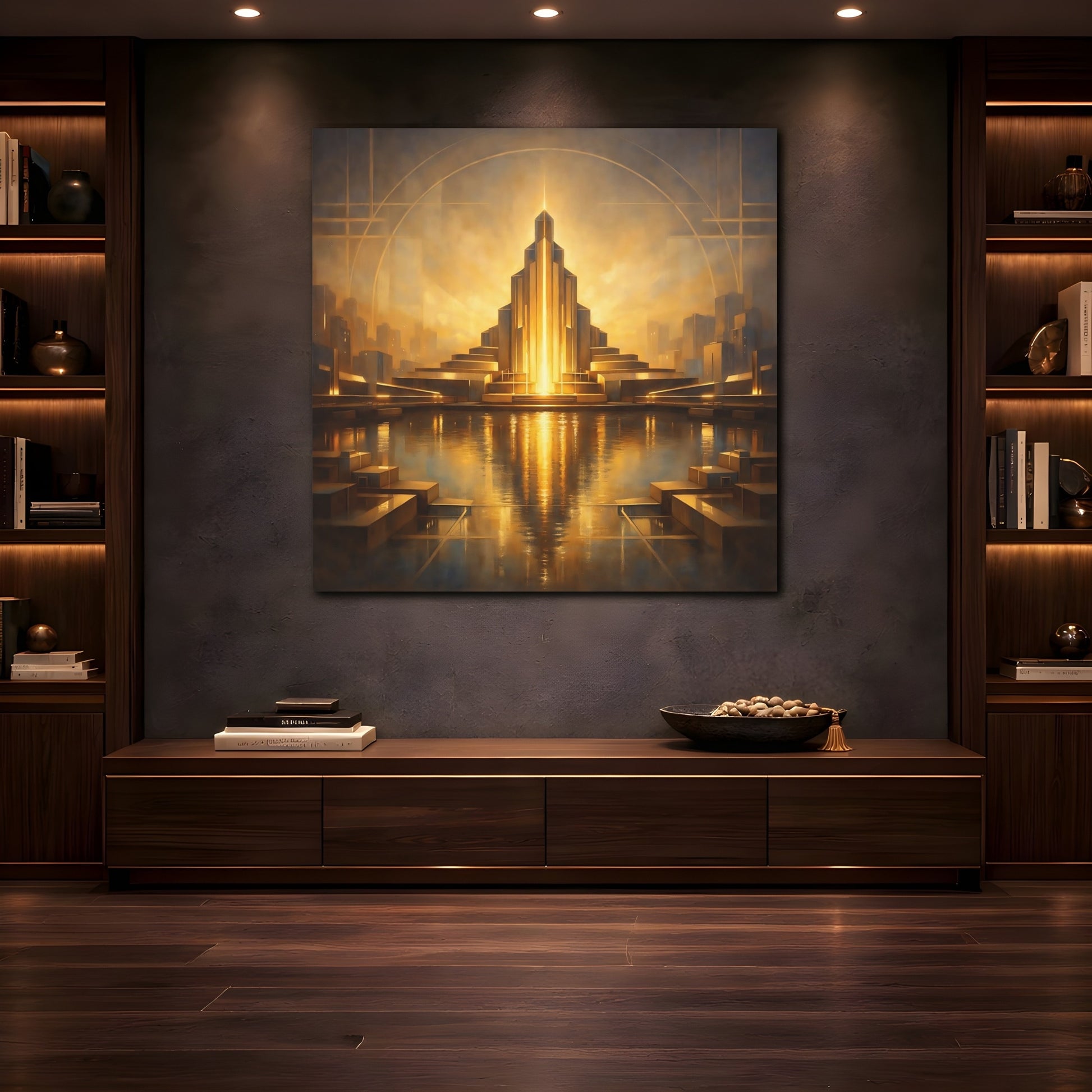 Mockup 4. Science Fiction Art Deco Architecture Golden Cityscape shown as stretched canvas wall art