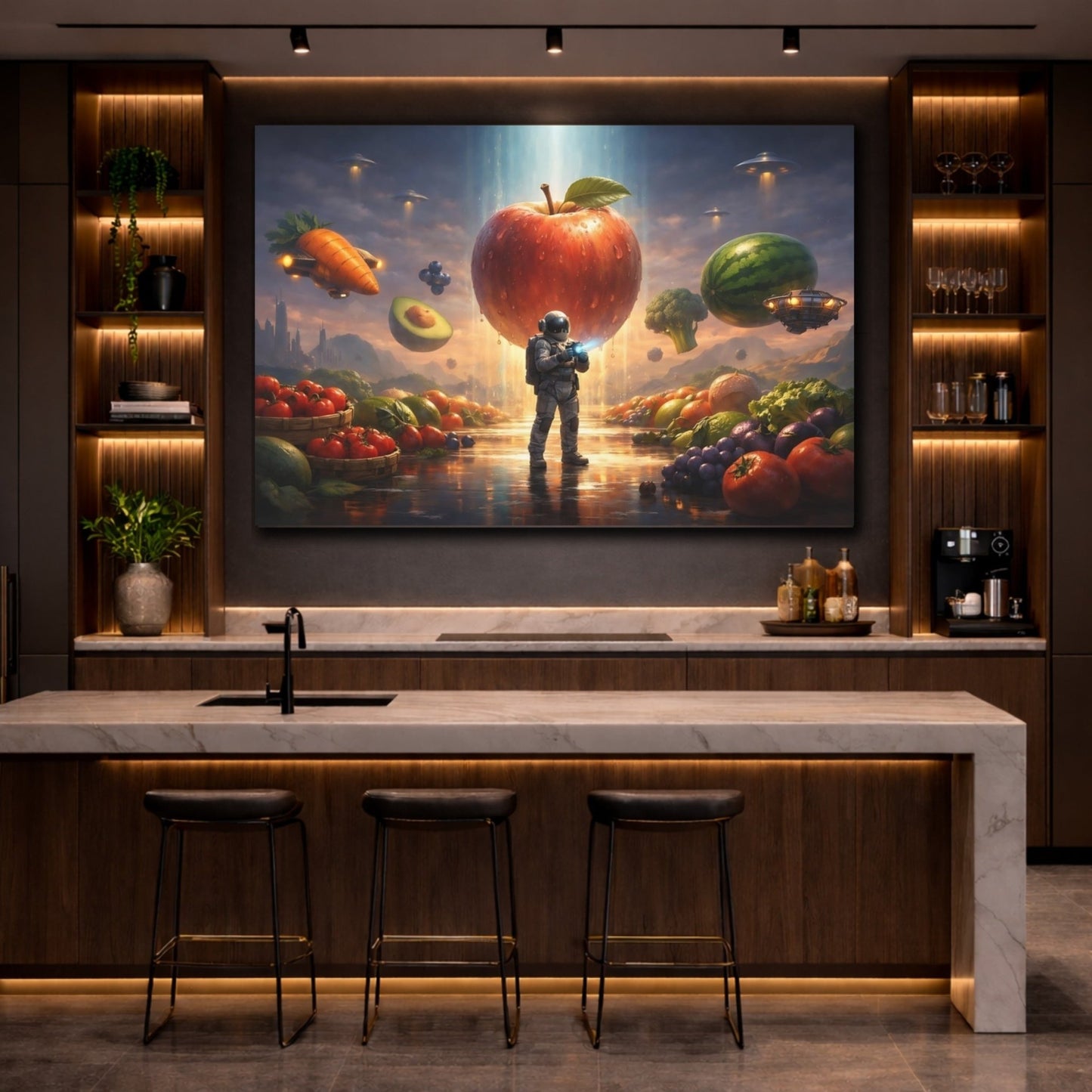 Science Fiction Astronaut Apple Surreal Foodscape - Canvas Wall Art Print - YesArtYes
