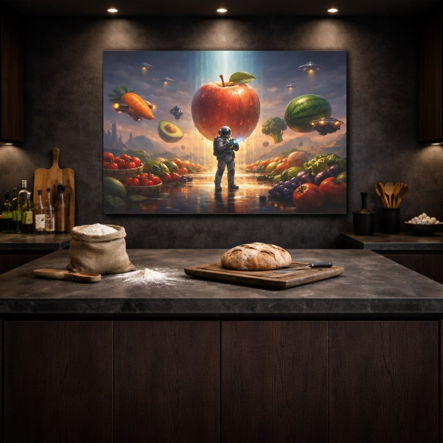 Science Fiction Astronaut Apple Surreal Foodscape - Canvas Wall Art Print - YesArtYes