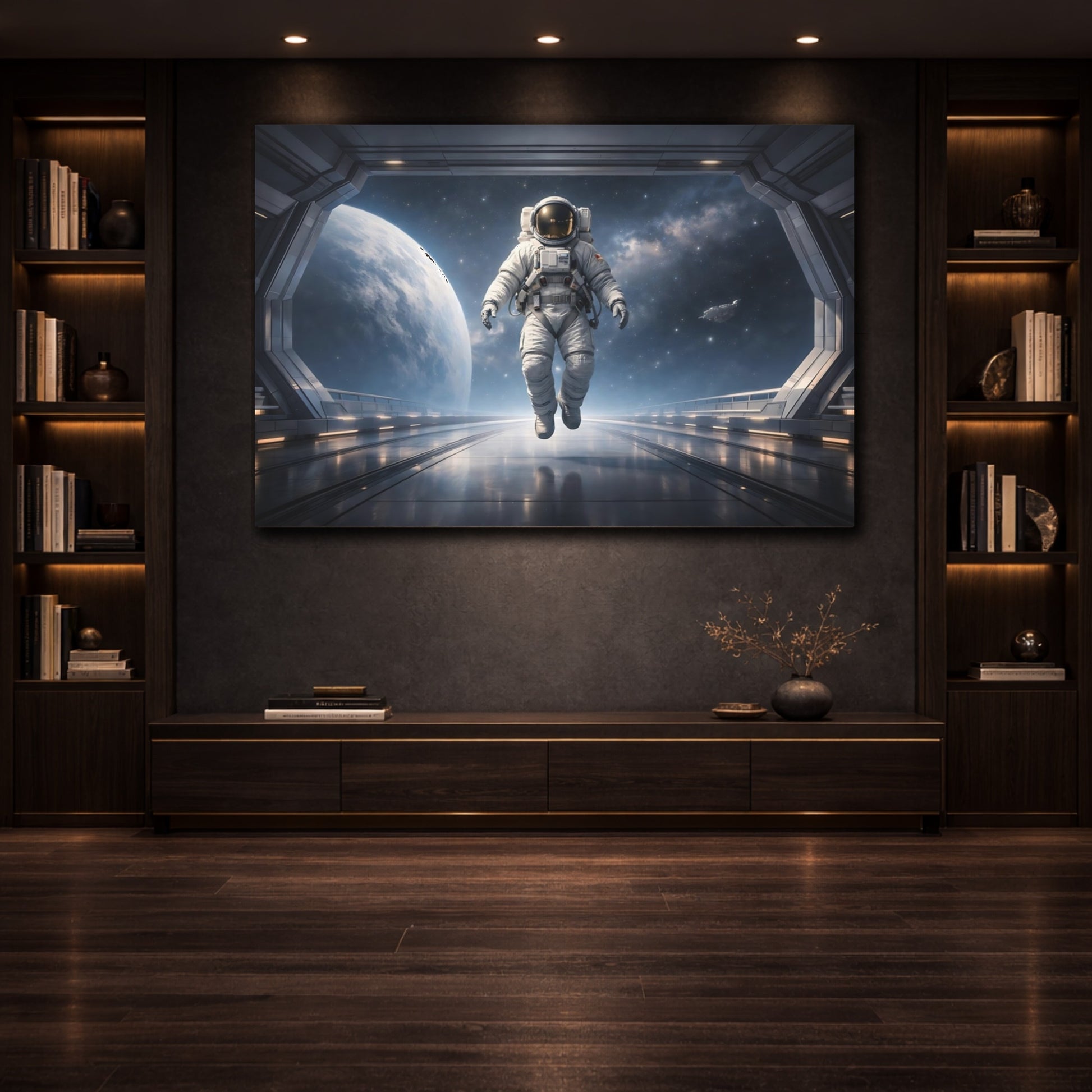 Science Fiction Astronaut Astronaut In Space shown as front canvas room wall art