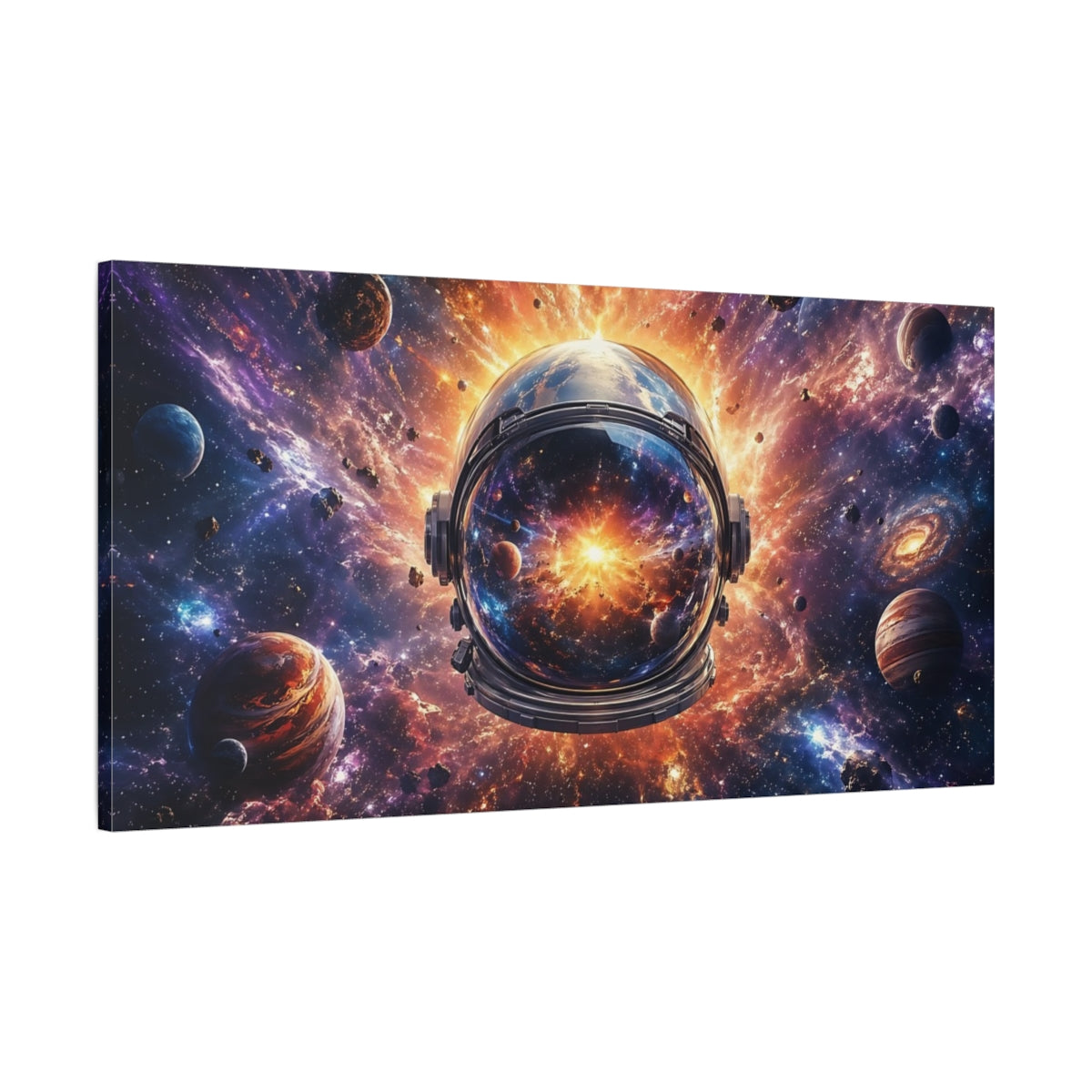 Main Mockup. Science Fiction Astronaut Helmet Cosmic Universe shown as stretched canvas wall art