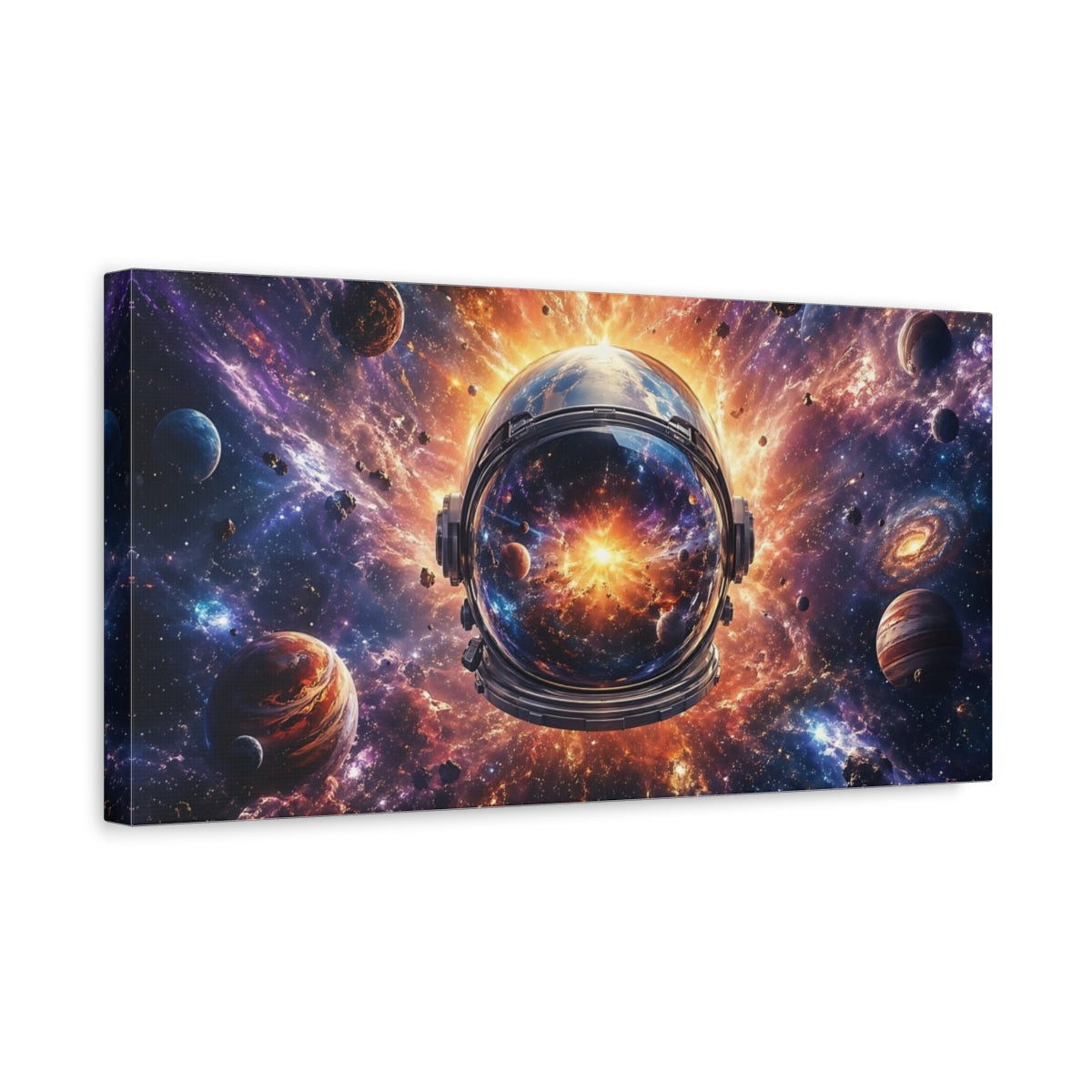 Side Mockup 3. Science Fiction Astronaut Helmet Cosmic Universe shown as stretched canvas wall art