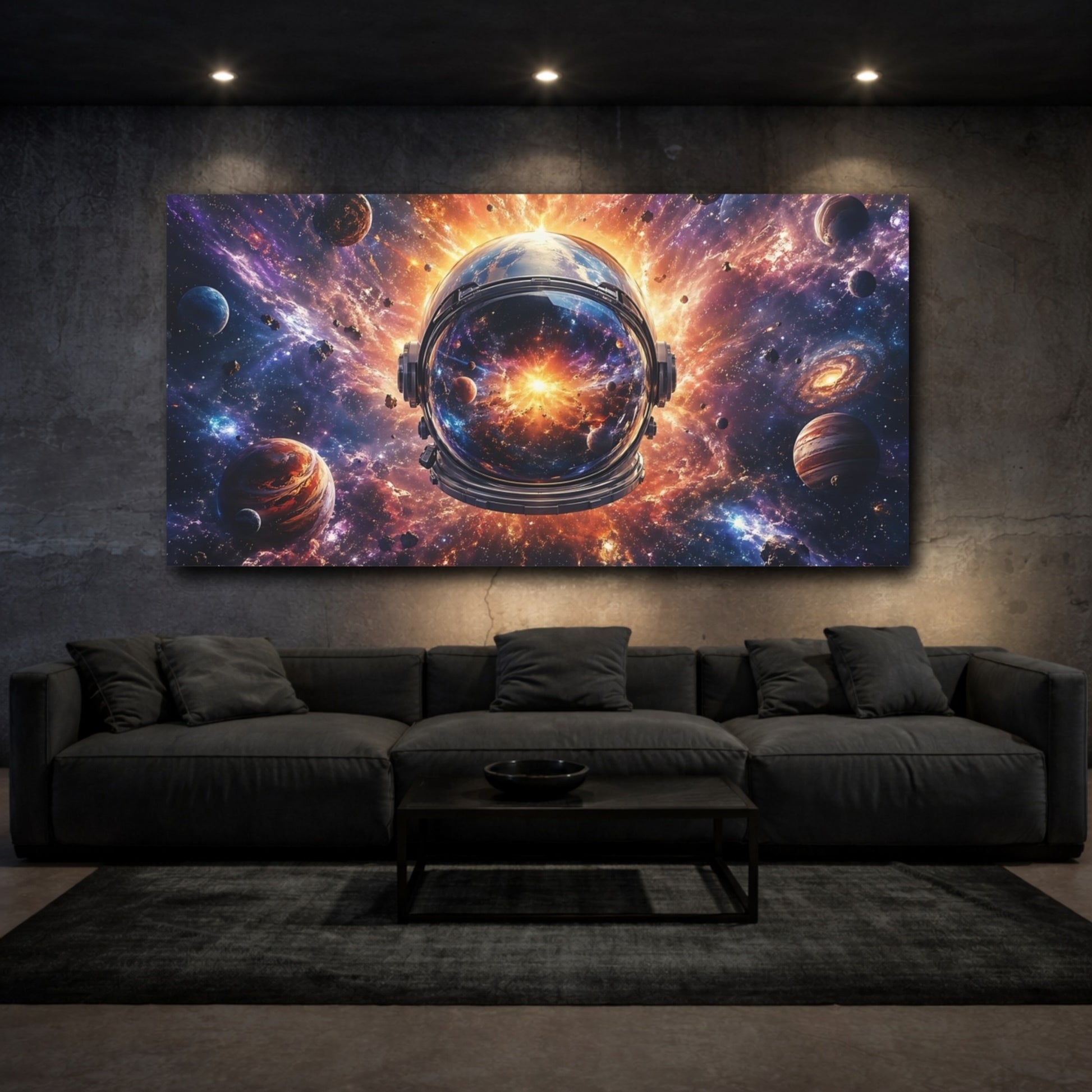 Mockup 2. Science Fiction Astronaut Helmet Cosmic Universe shown as stretched canvas wall art