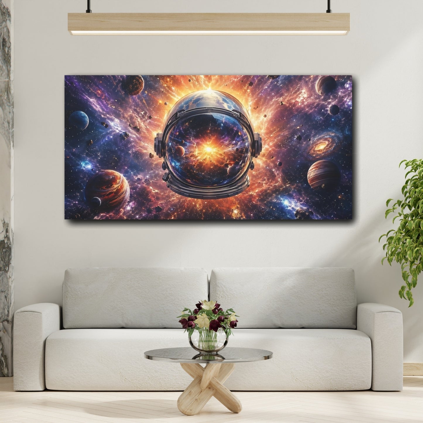 Mockup 3. Science Fiction Astronaut Helmet Cosmic Universe shown as stretched canvas wall art