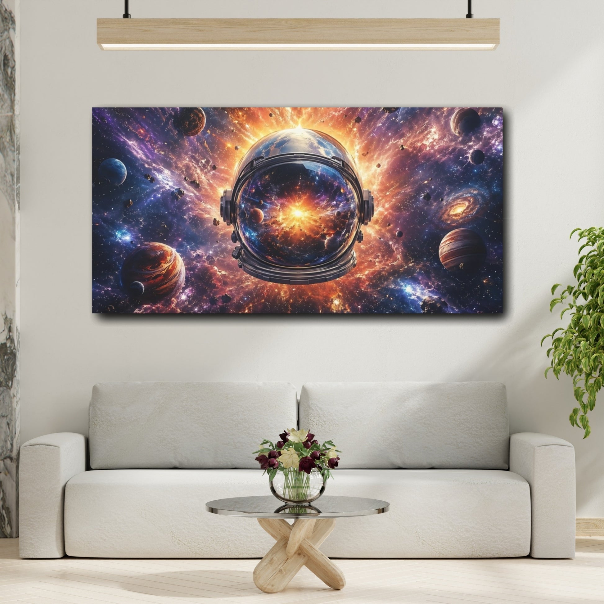 Mockup 3. Science Fiction Astronaut Helmet Cosmic Universe shown as stretched canvas wall art