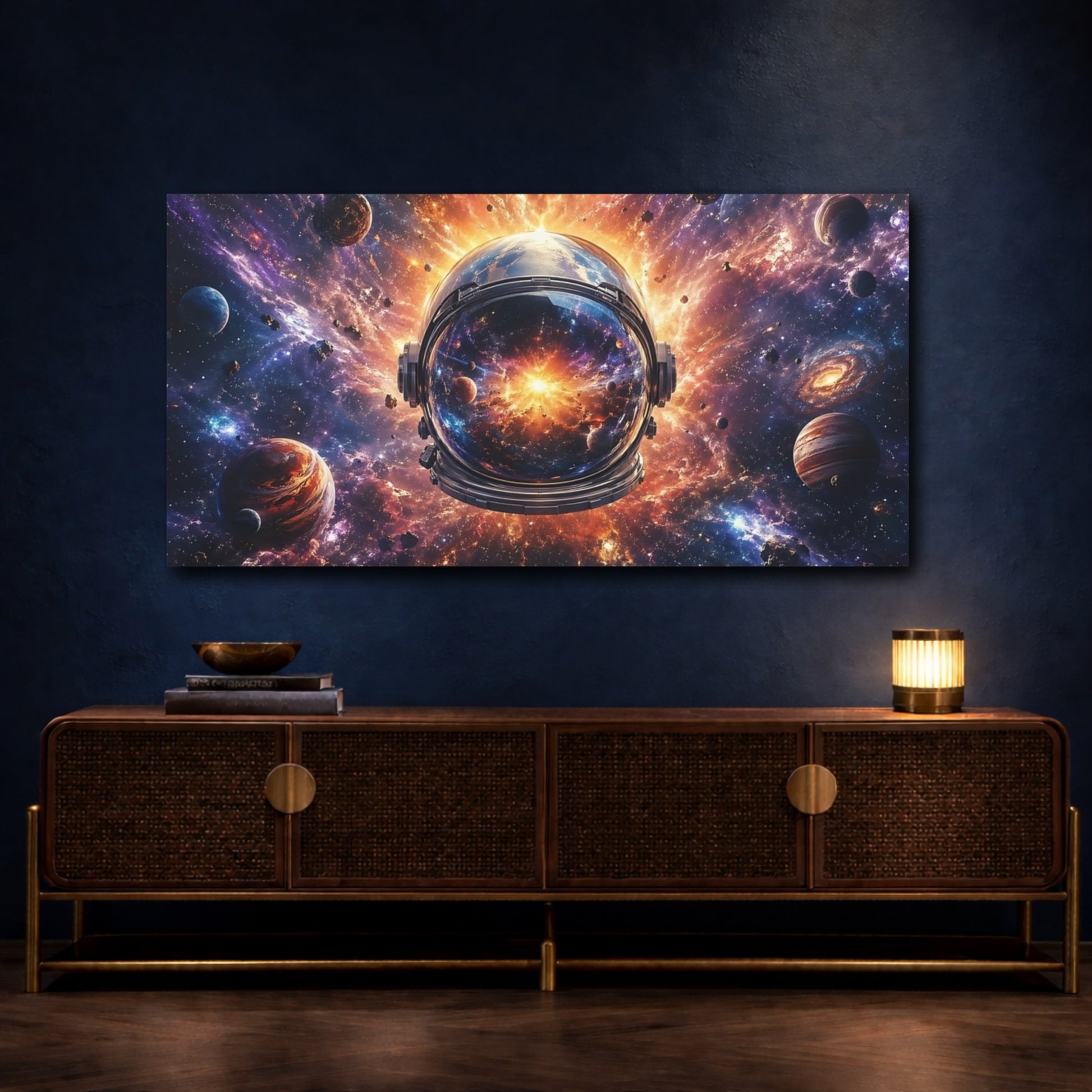 Mockup 4. Science Fiction Astronaut Helmet Cosmic Universe shown as stretched canvas wall art