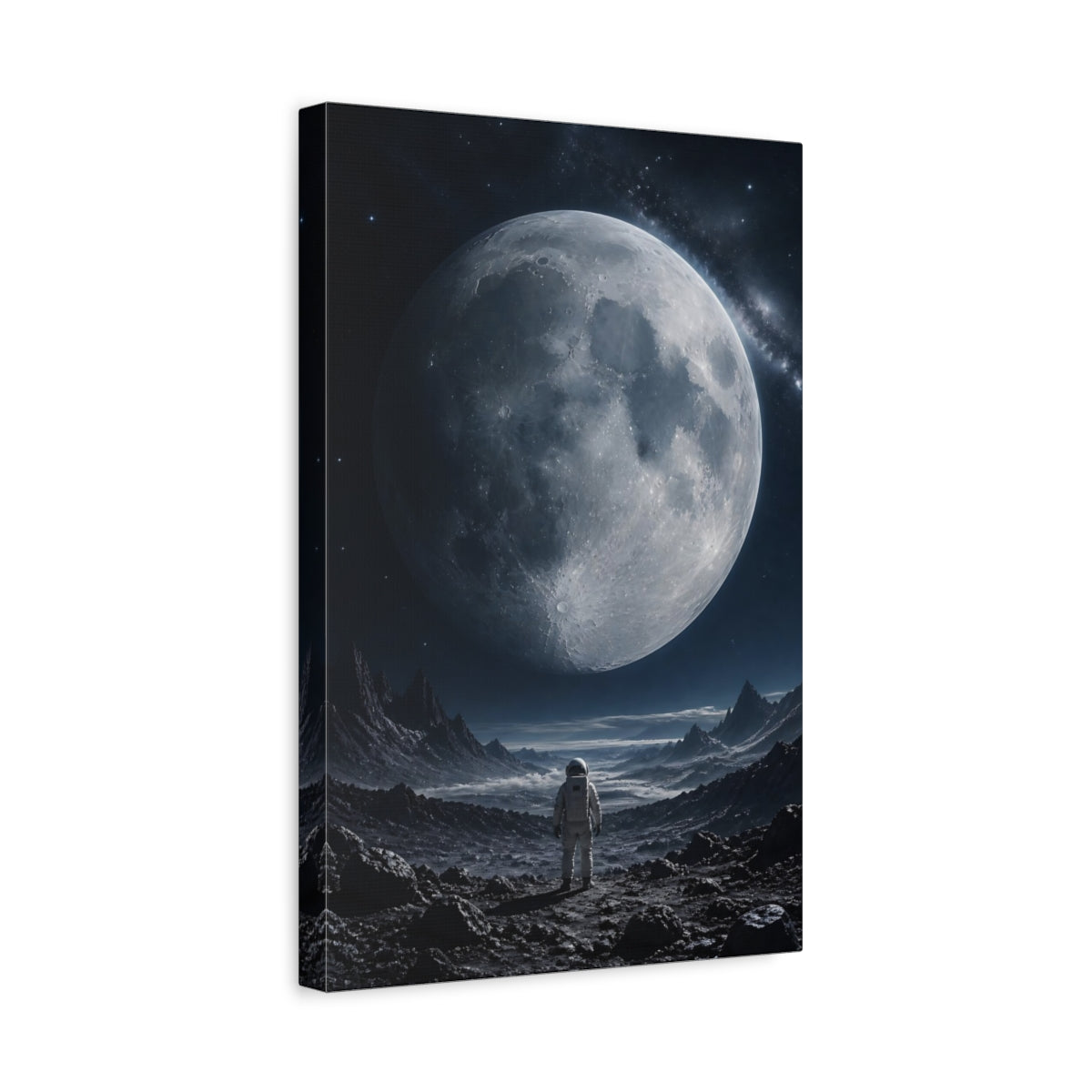 Side Mockup 4. Science Fiction Astronaut Monochrome Space shown as stretched canvas wall art