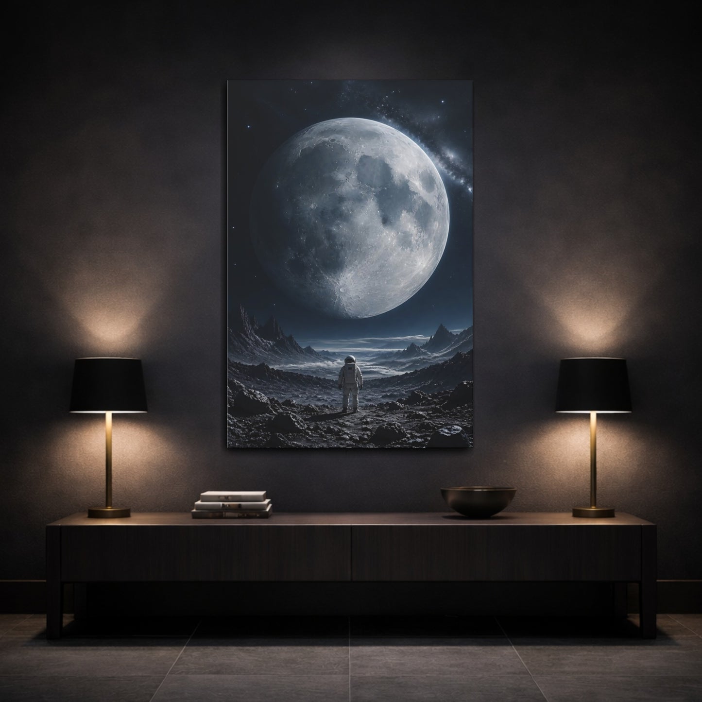 Mockup 3. Science Fiction Astronaut Monochrome Space shown as stretched canvas wall art