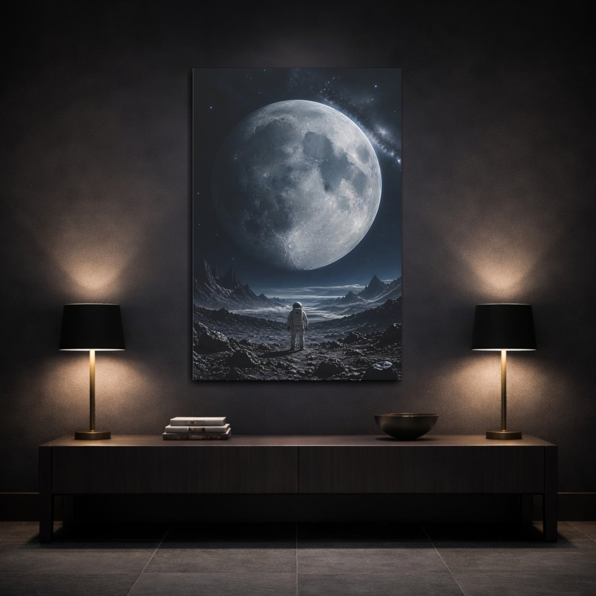 Mockup 3. Science Fiction Astronaut Monochrome Space shown as stretched canvas wall art