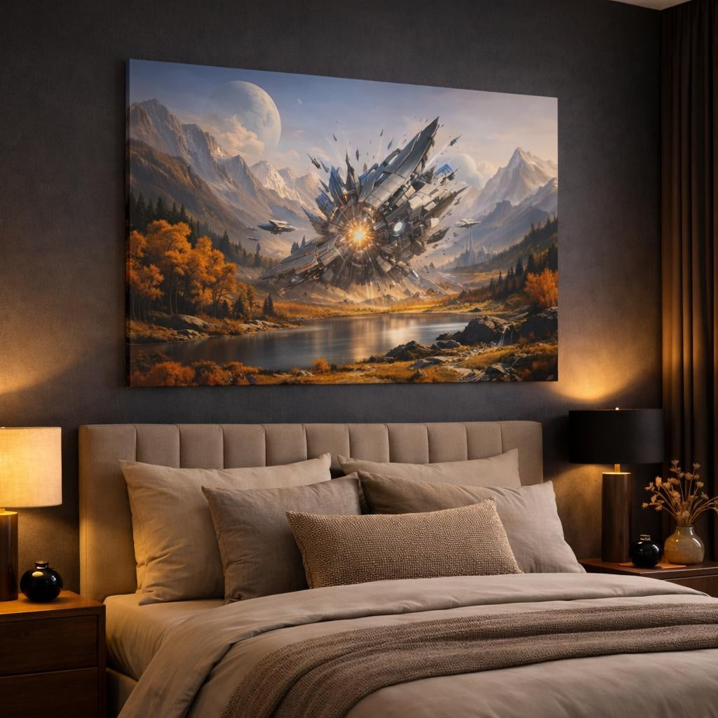 Science Fiction Autumn Mountains shown as canvas wall art in a luxury bedroom