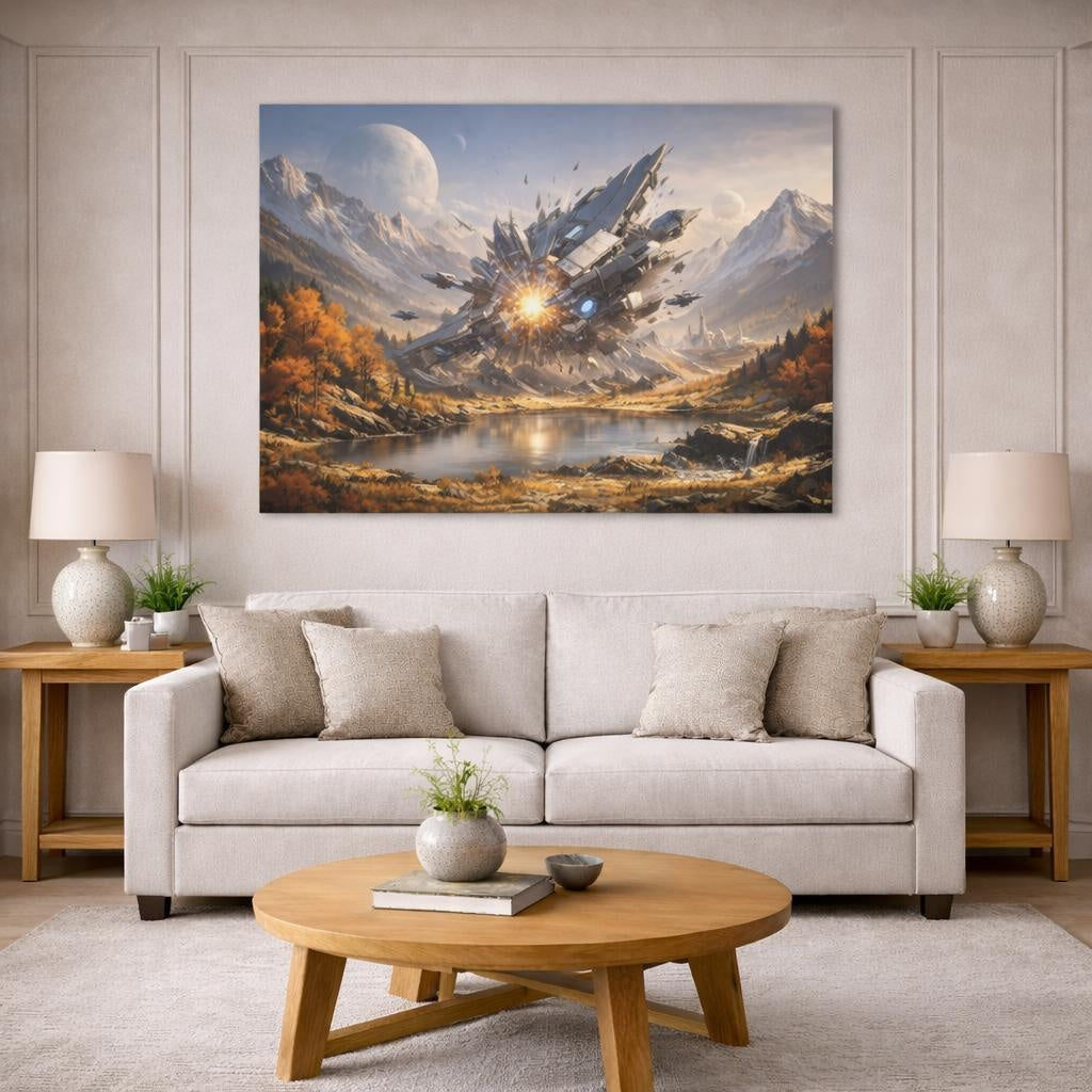 Science Fiction Autumn Mountains shown as canvas wall art in a modern living room