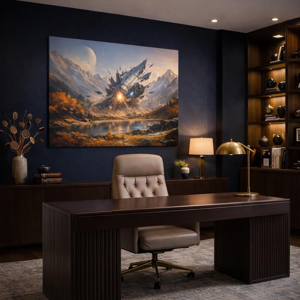Science Fiction Autumn Mountains shown as canvas wall art in a refined dining room