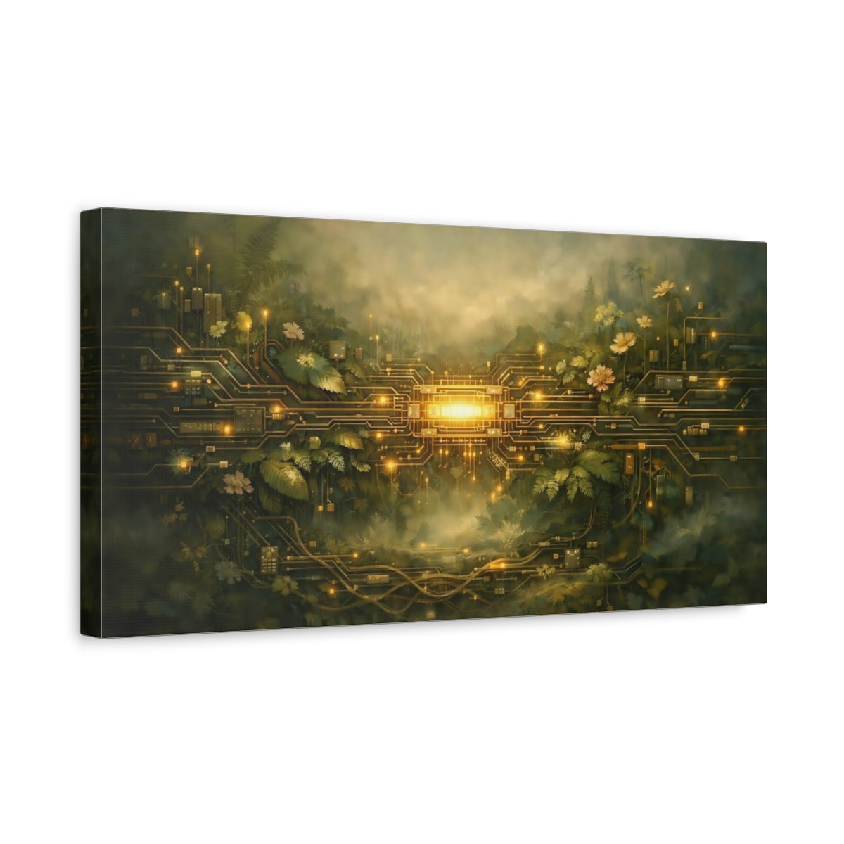 Side Mockup 3. Science Fiction Bio-Circuitry Green And Gold shown as stretched canvas wall art