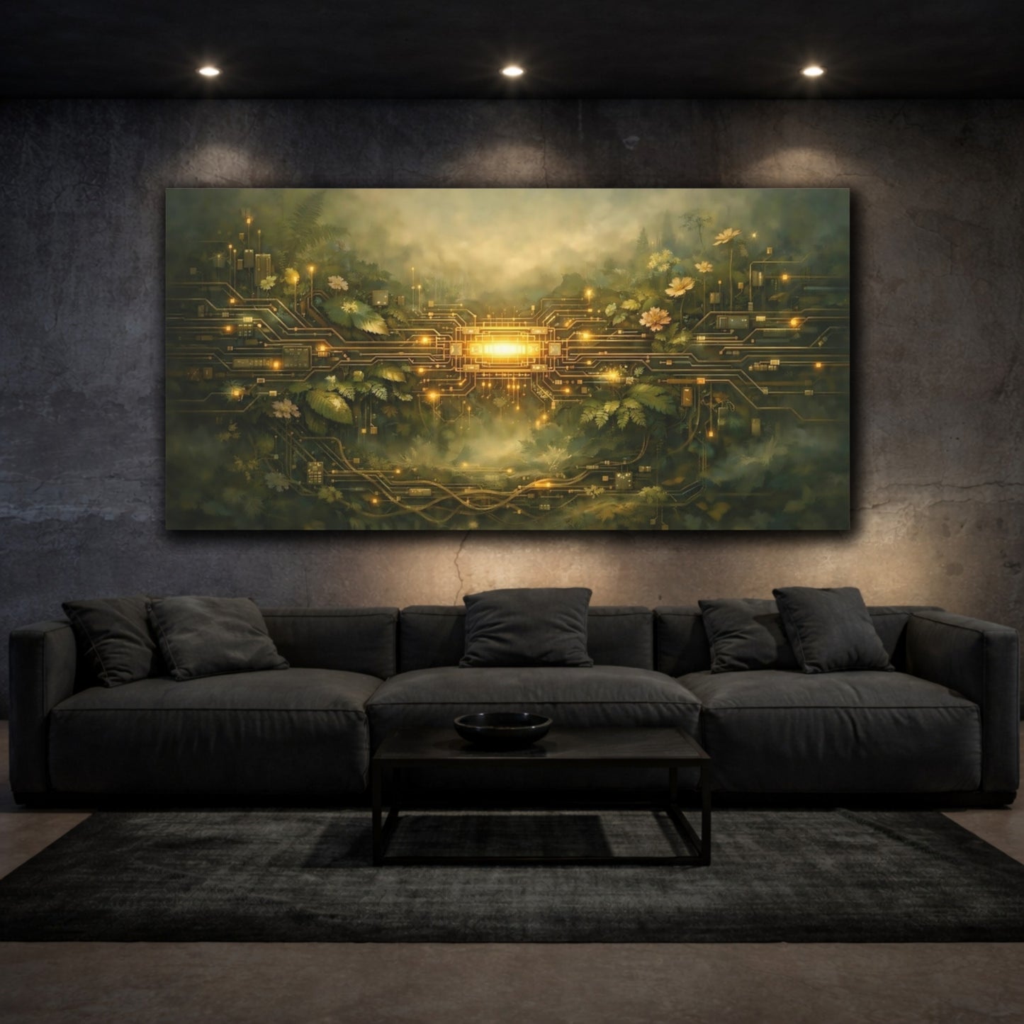 Mockup 2. Science Fiction Bio-Circuitry Green And Gold shown as stretched canvas wall art