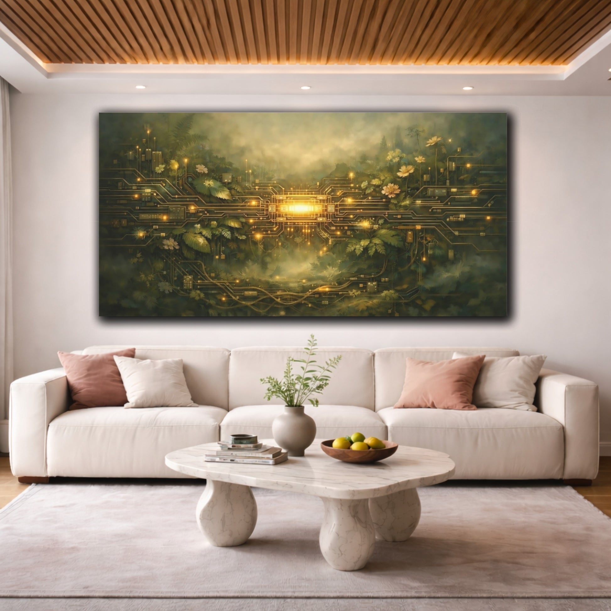 Mockup 3. Science Fiction Bio-Circuitry Green And Gold shown as stretched canvas wall art