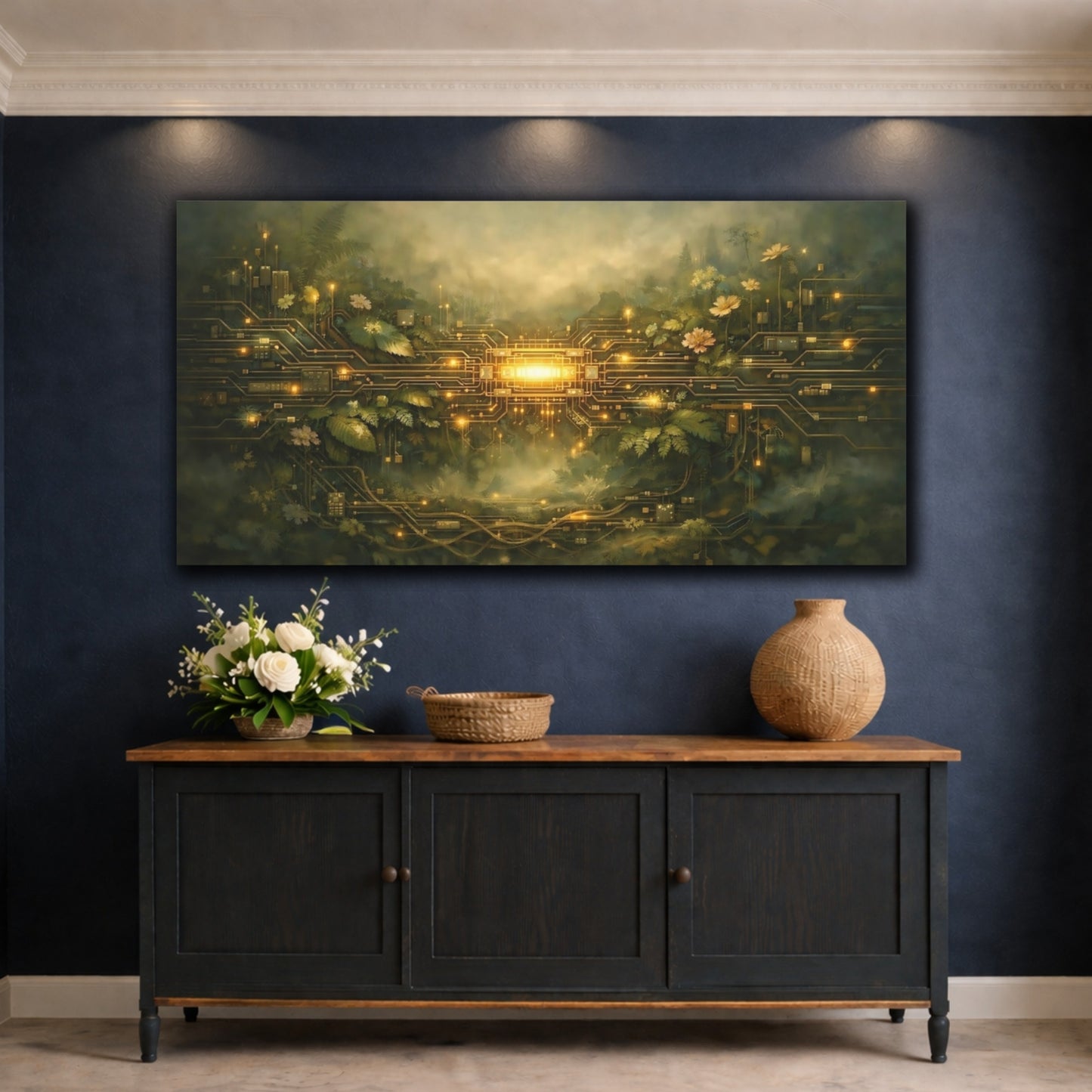 Mockup 4. Science Fiction Bio-Circuitry Green And Gold shown as stretched canvas wall art