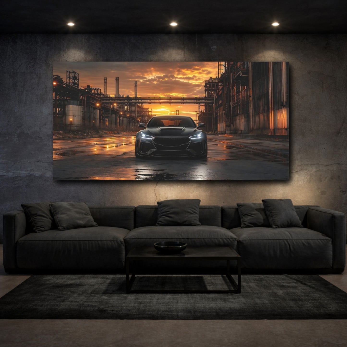 Mockup 2. Science Fiction Black Car Black And Orange shown as stretched canvas wall art