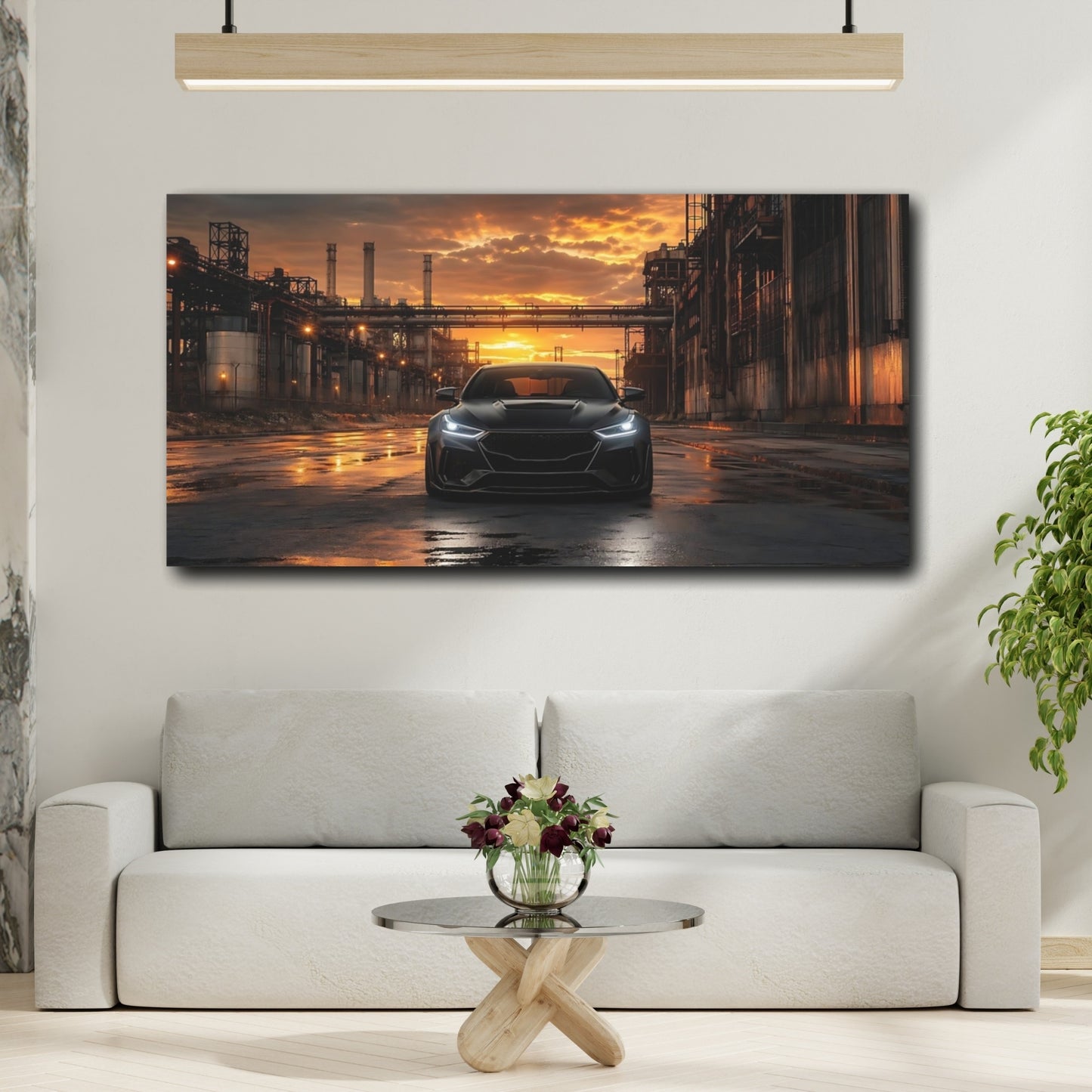 Mockup 3. Science Fiction Black Car Black And Orange shown as stretched canvas wall art