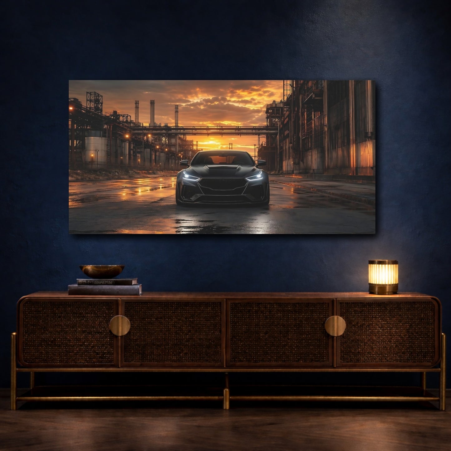 Mockup 4. Science Fiction Black Car Black And Orange shown as stretched canvas wall art