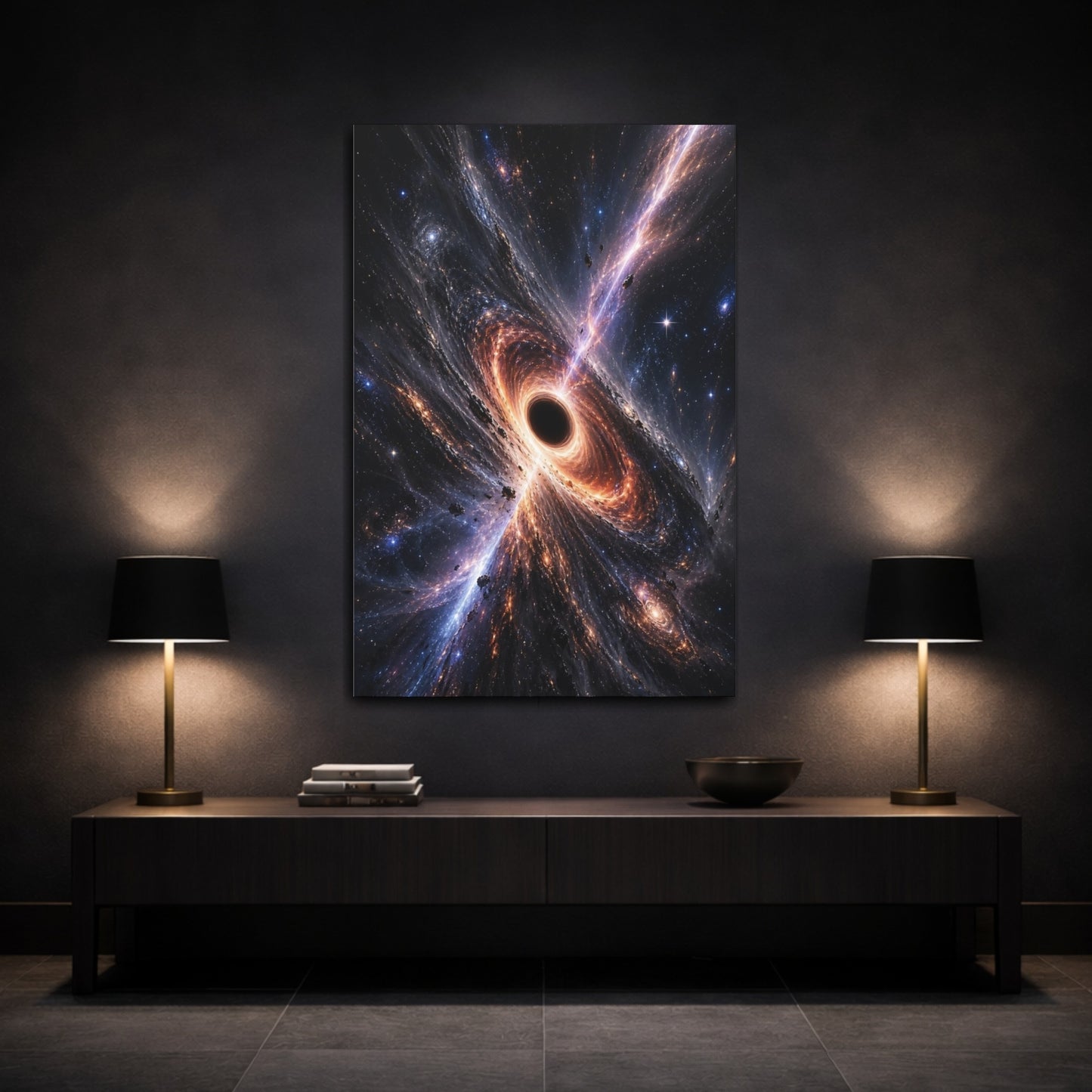 Mockup 3. Science Fiction Black Hole Cosmic Black Hole shown as stretched canvas wall art
