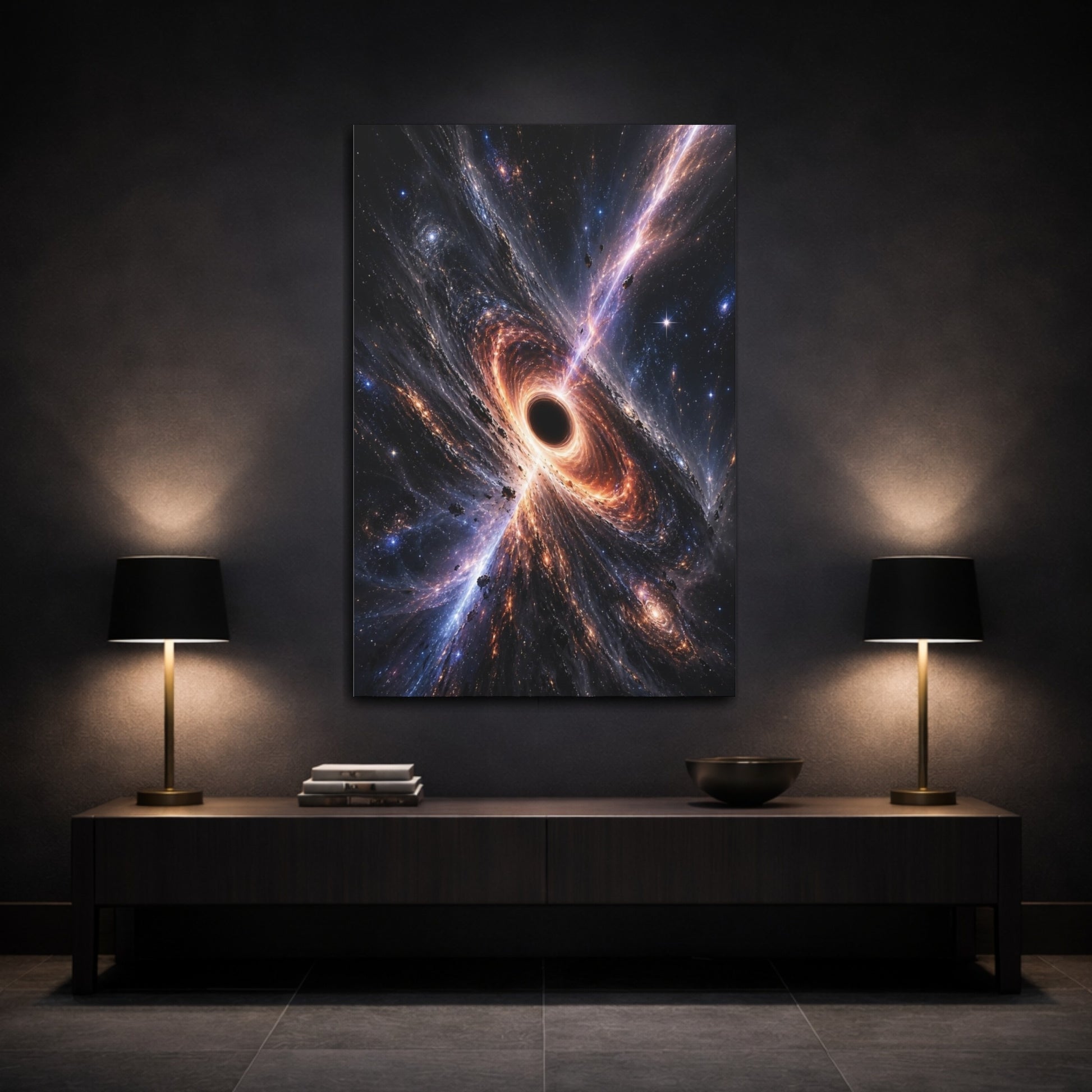 Mockup 3. Science Fiction Black Hole Cosmic Black Hole shown as stretched canvas wall art