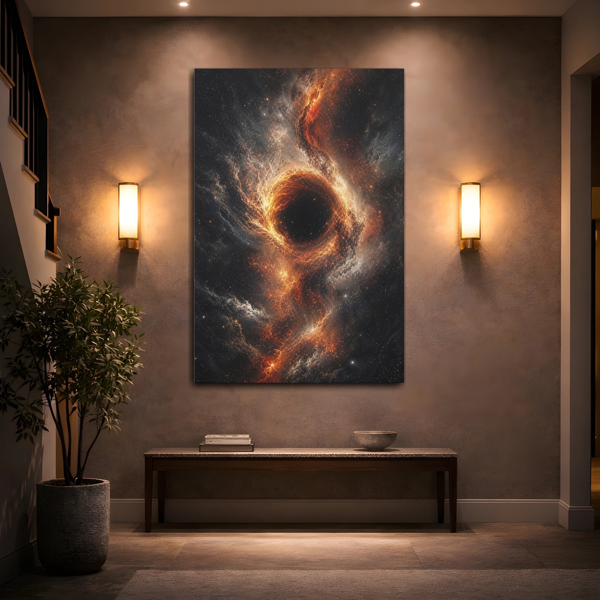 Mockup 2. Science Fiction Black Hole Orange And Black Nebula shown as stretched canvas wall art