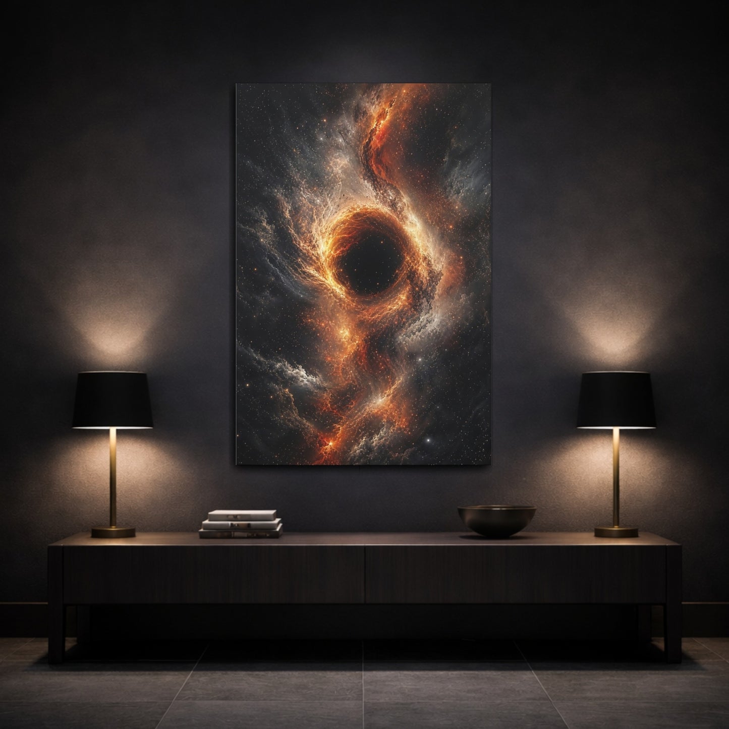 Mockup 3. Science Fiction Black Hole Orange And Black Nebula shown as stretched canvas wall art
