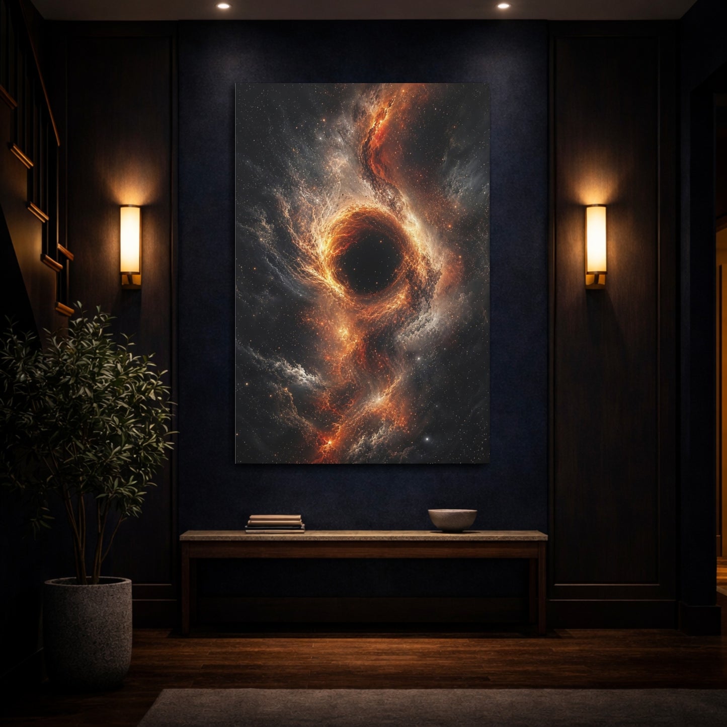 Mockup 4. Science Fiction Black Hole Orange And Black Nebula shown as stretched canvas wall art