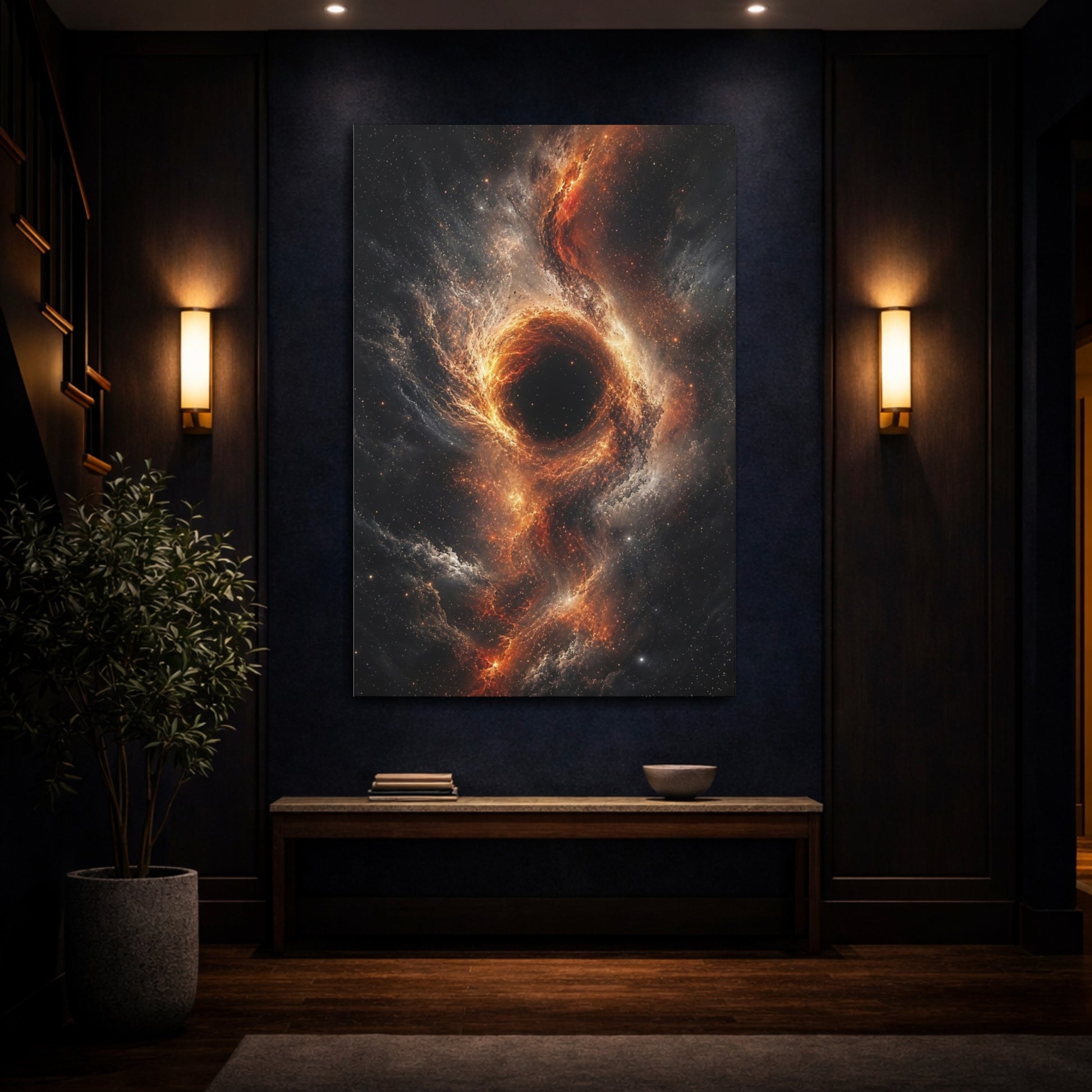 Mockup 4. Science Fiction Black Hole Orange And Black Nebula shown as stretched canvas wall art